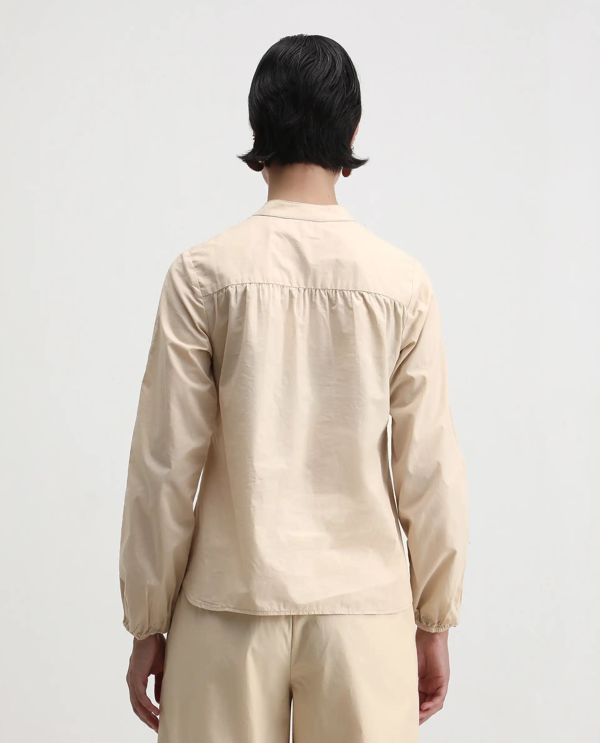 Rareism Women's Nucut-T Beige Cotton Mandarin Collar Regular Fit Top