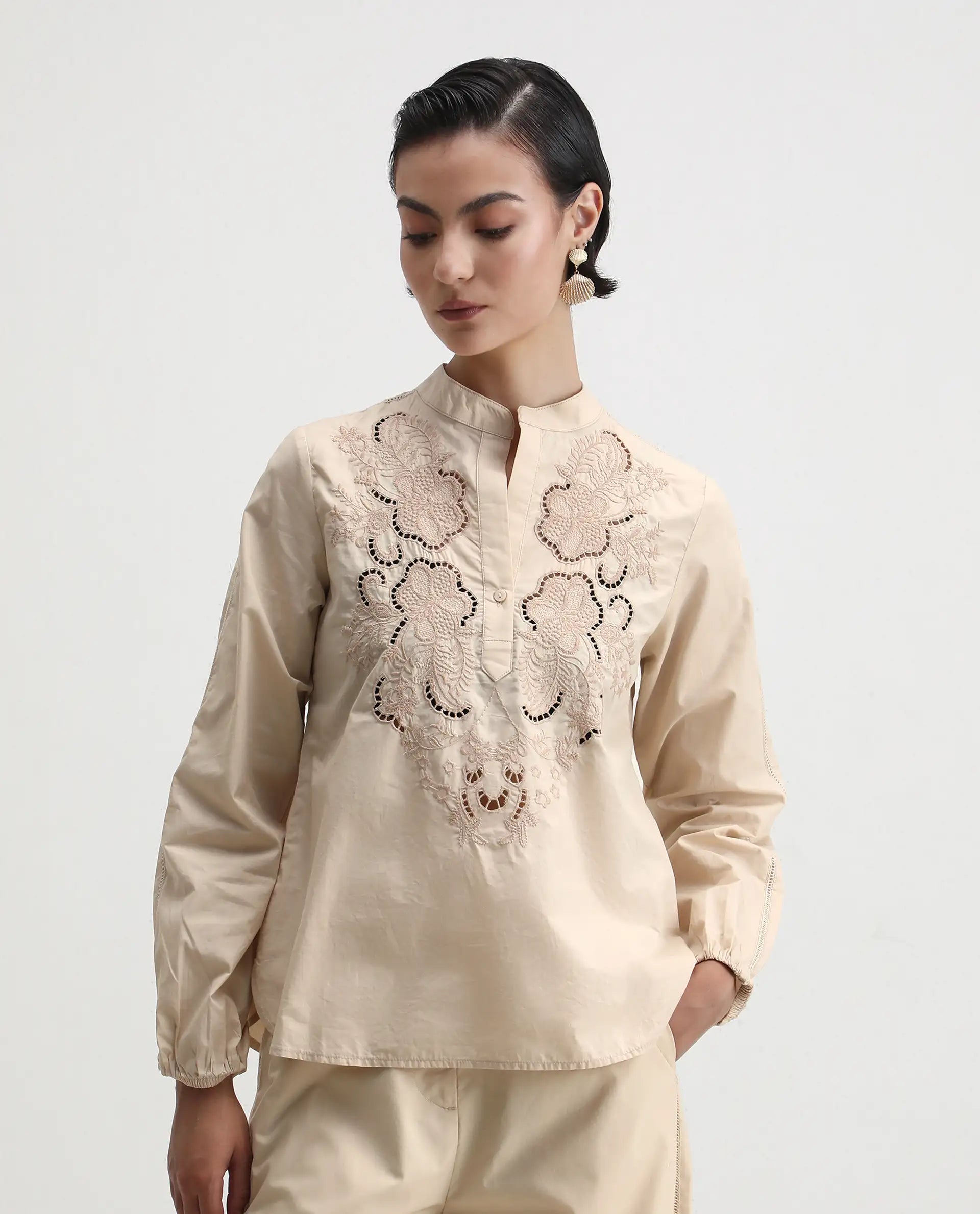 Rareism Women's Nucut-T Beige Cotton Mandarin Collar Regular Fit Top