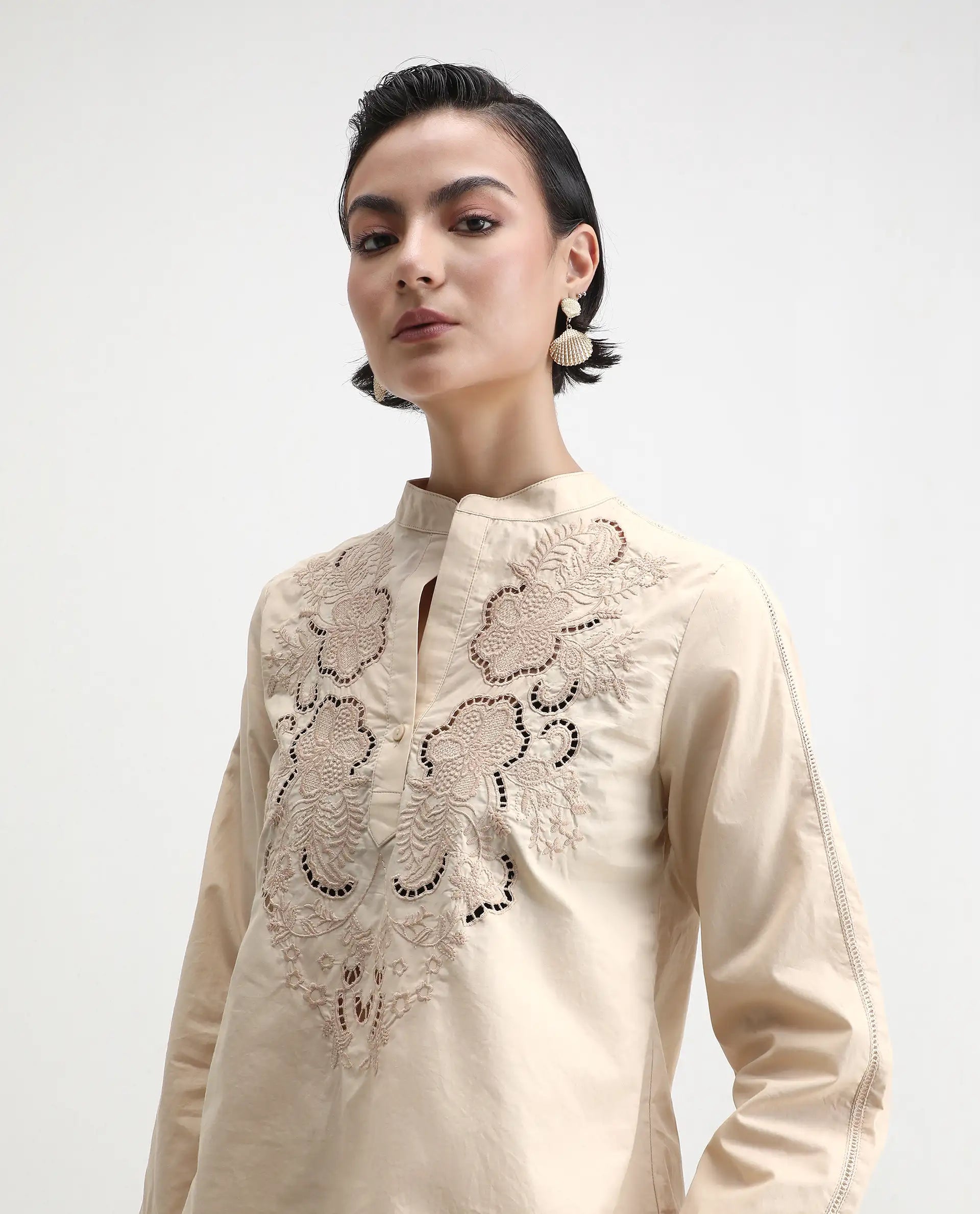 Rareism Women's Nucut-T Beige Cotton Mandarin Collar Regular Fit Top