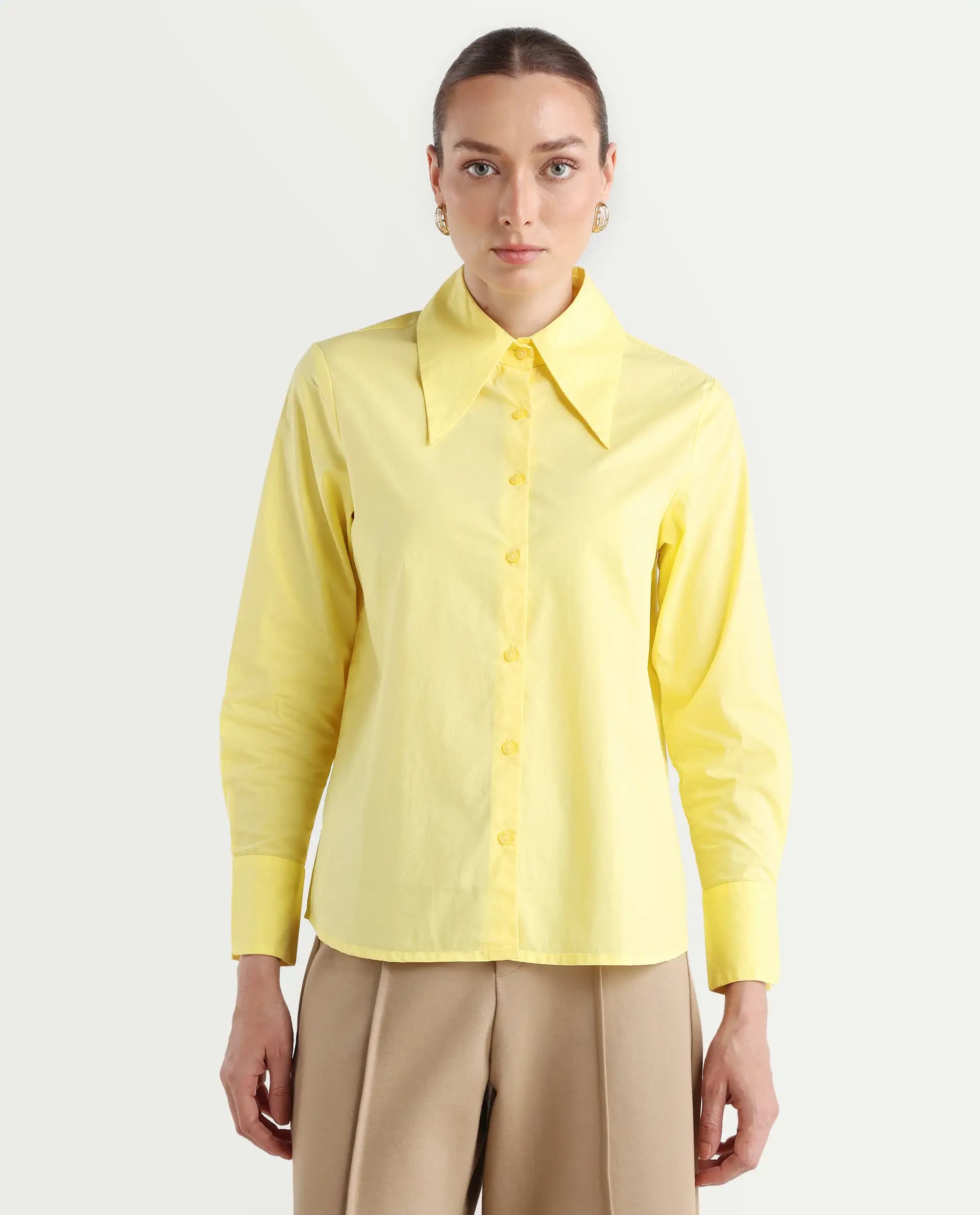 Rareism Women's Nuda Yellow Cotton Spread Collar Plain Regular Fit Top