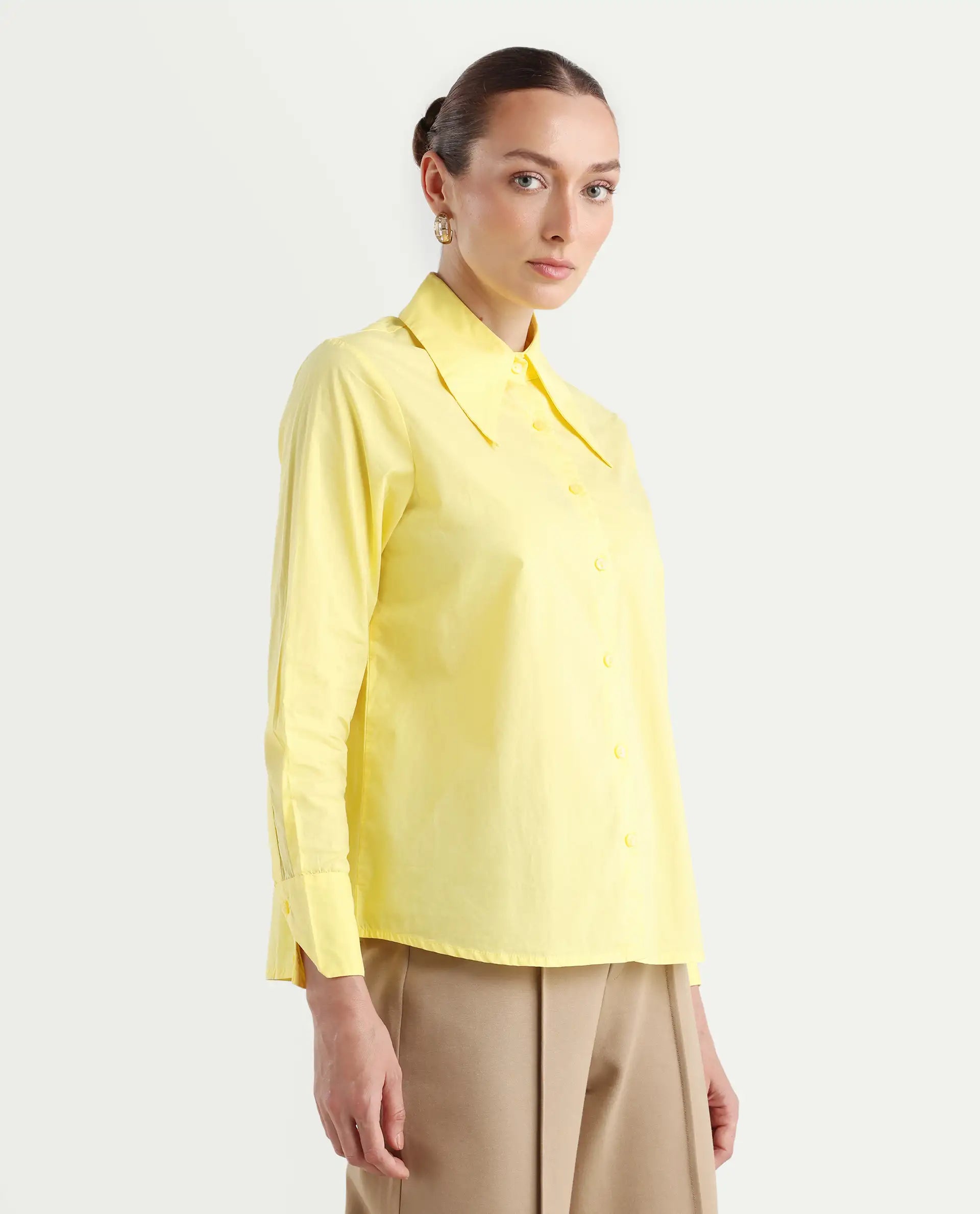 Rareism Women's Nuda Yellow Cotton Spread Collar Plain Regular Fit Top