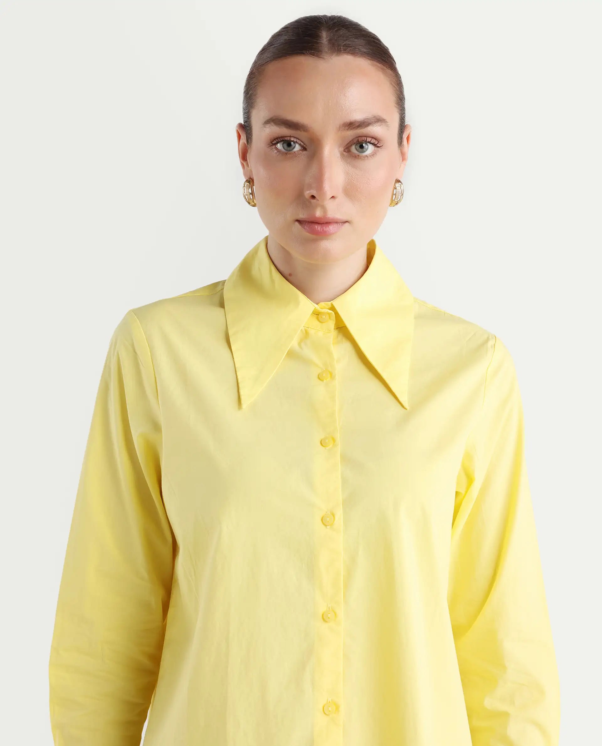 Rareism Women's Nuda Yellow Cotton Spread Collar Plain Regular Fit Top