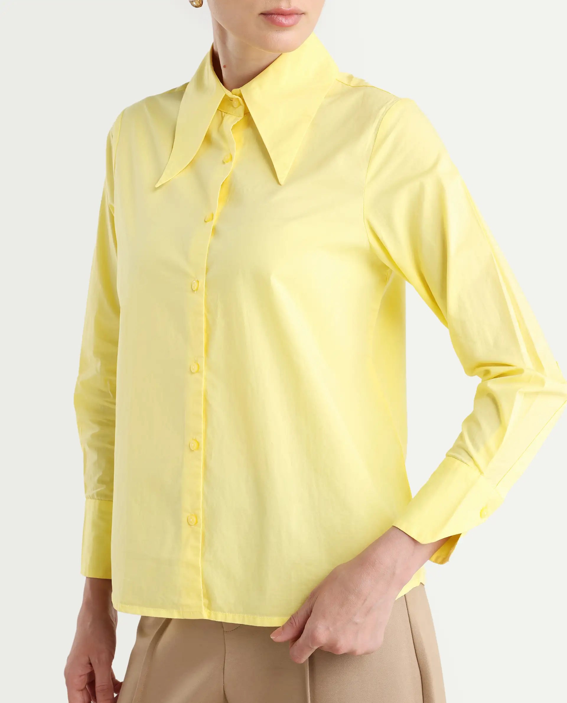 Rareism Women's Nuda Yellow Cotton Spread Collar Plain Regular Fit Top