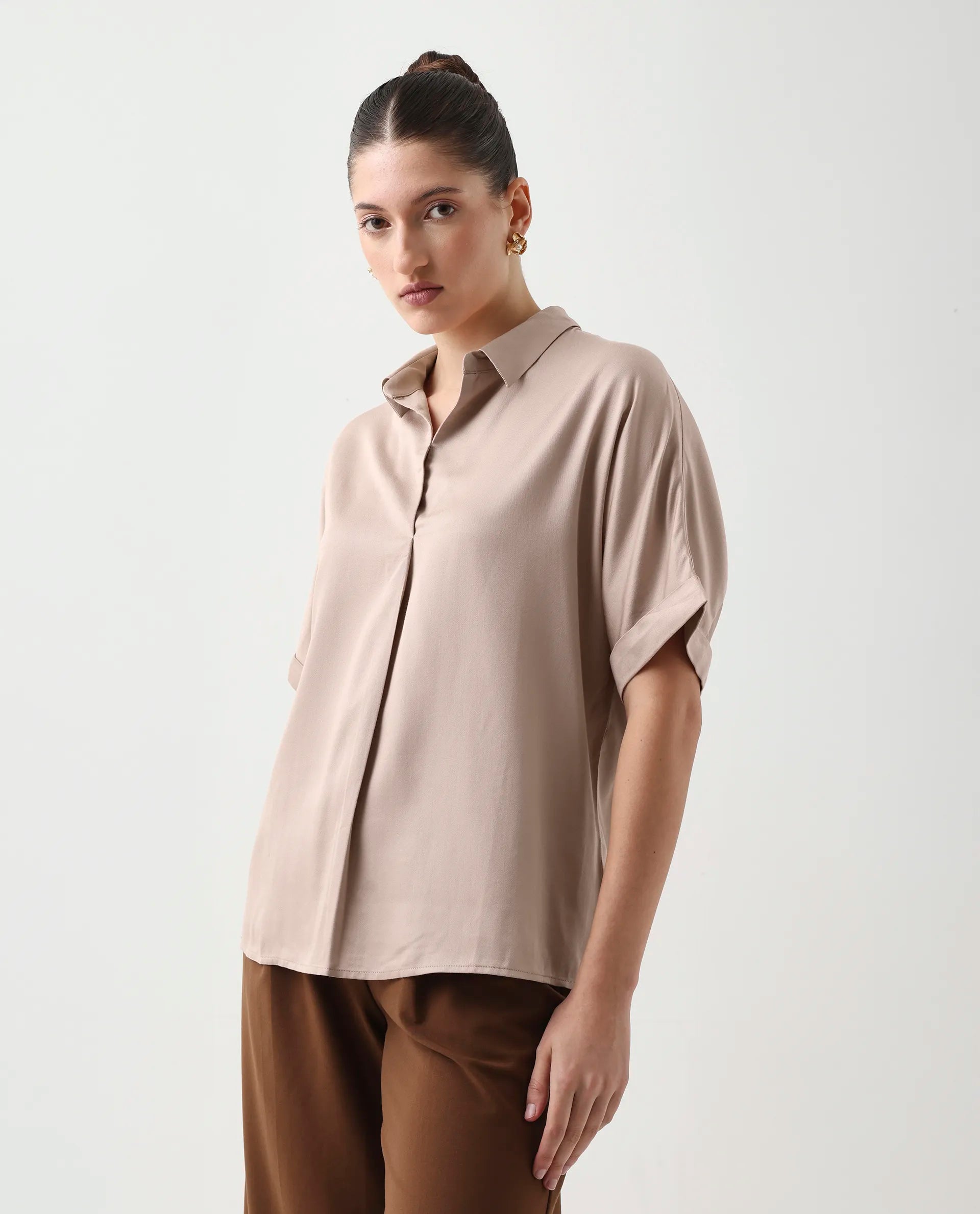 Rareism Women's Nudim Beige Viscose Blend Extended Sleeves Jonny Collar Boxy Fit Plain Top