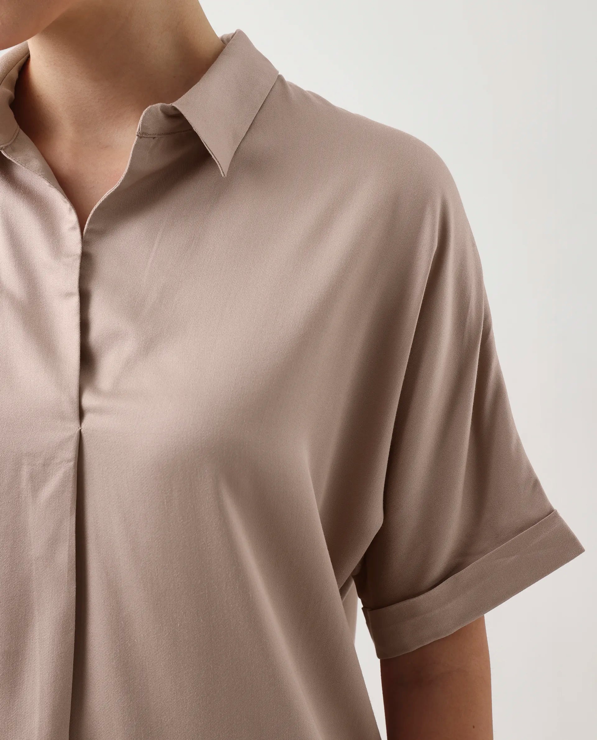 Rareism Women's Nudim Beige Viscose Blend Extended Sleeves Jonny Collar Boxy Fit Plain Top