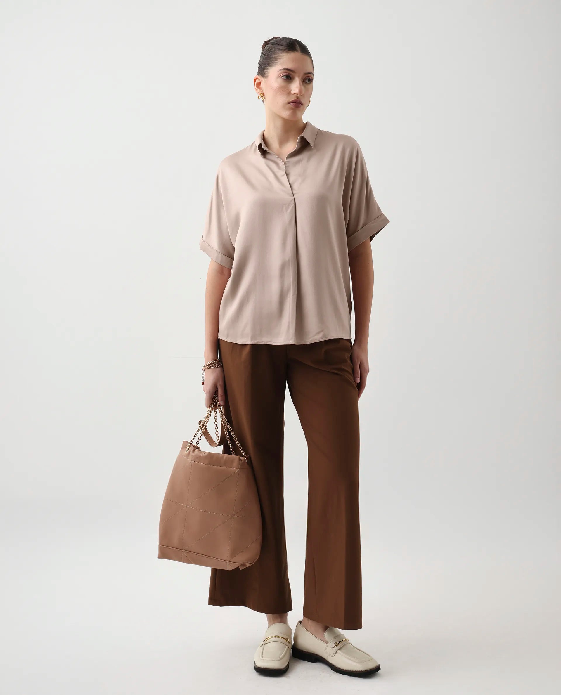 Rareism Women's Nudim Beige Viscose Blend Extended Sleeves Jonny Collar Boxy Fit Plain Top