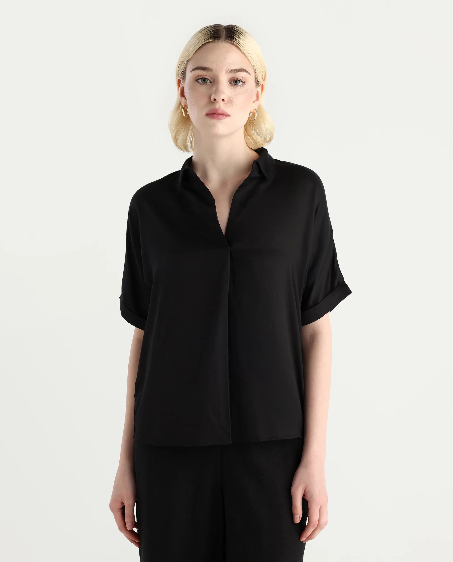 Rareism Women Nudim Black Extended Sleeves Jonny Collar Boxy Fit Plain Top