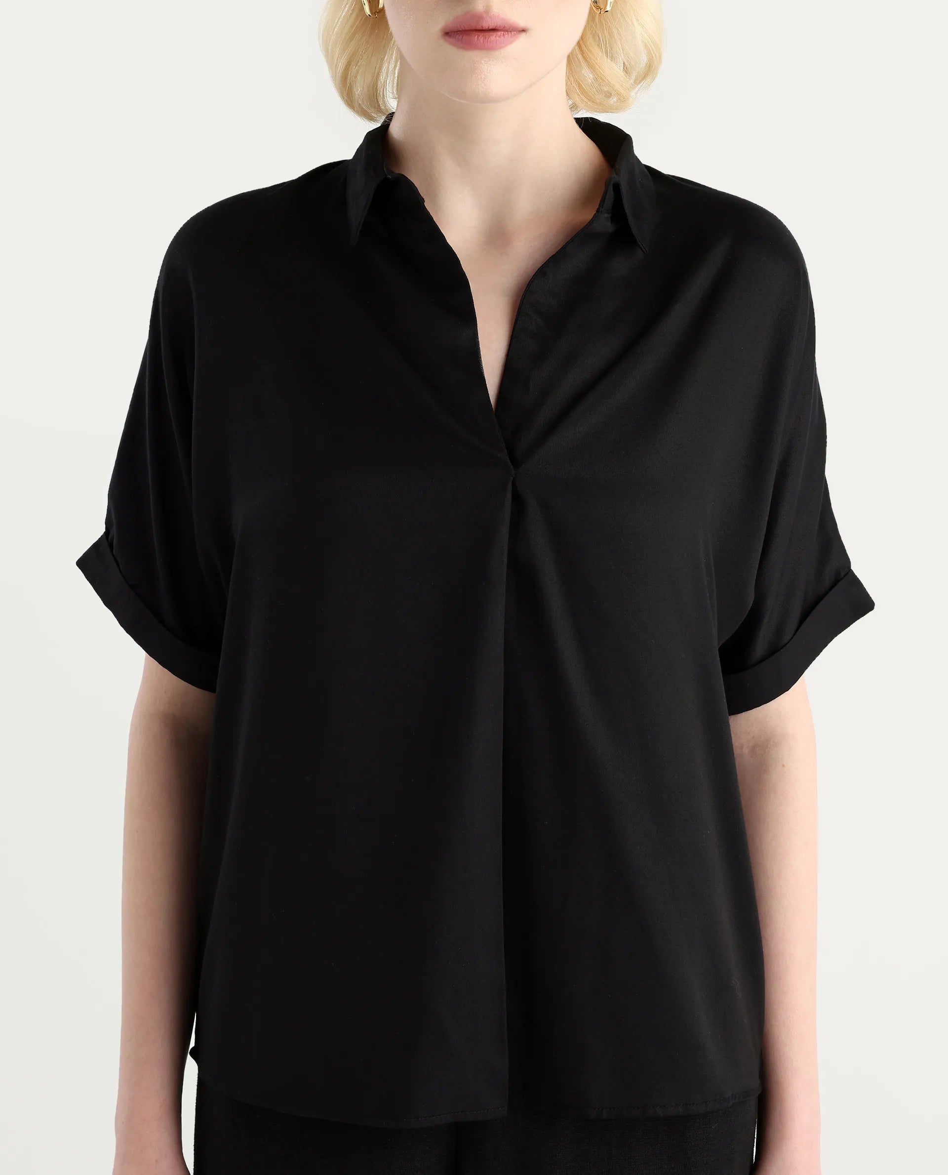 Rareism Women Nudim Black Extended Sleeves Jonny Collar Boxy Fit Plain Top