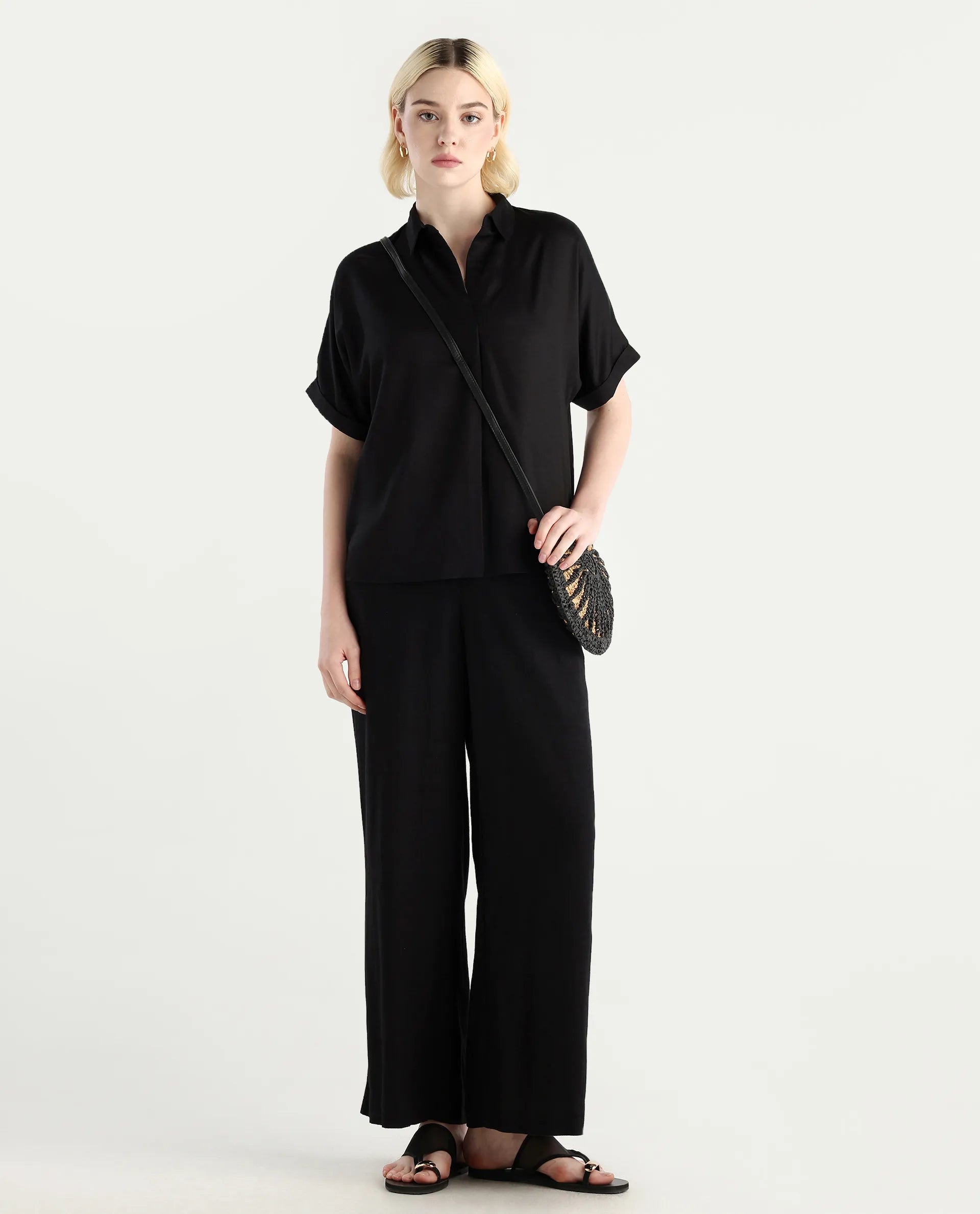 Rareism Women Nudim Black Extended Sleeves Jonny Collar Boxy Fit Plain Top