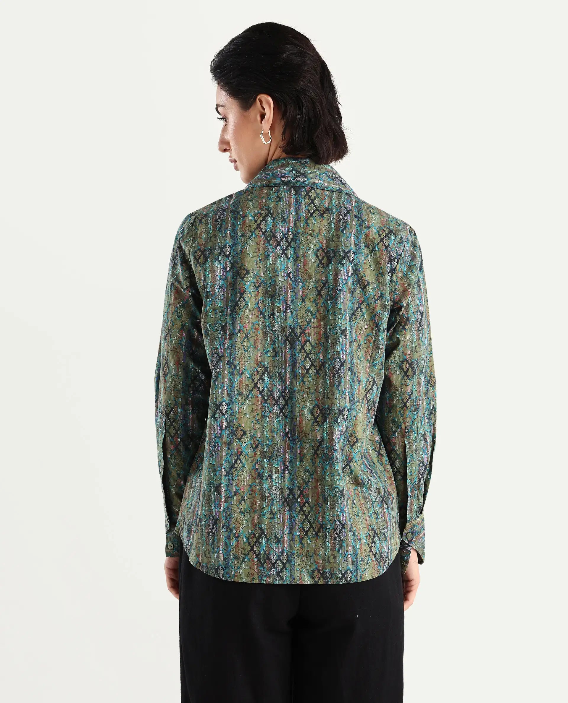 Rareism Women's Nudo Multi Cotton Spread Collar Abstract Print Regular Fit Top