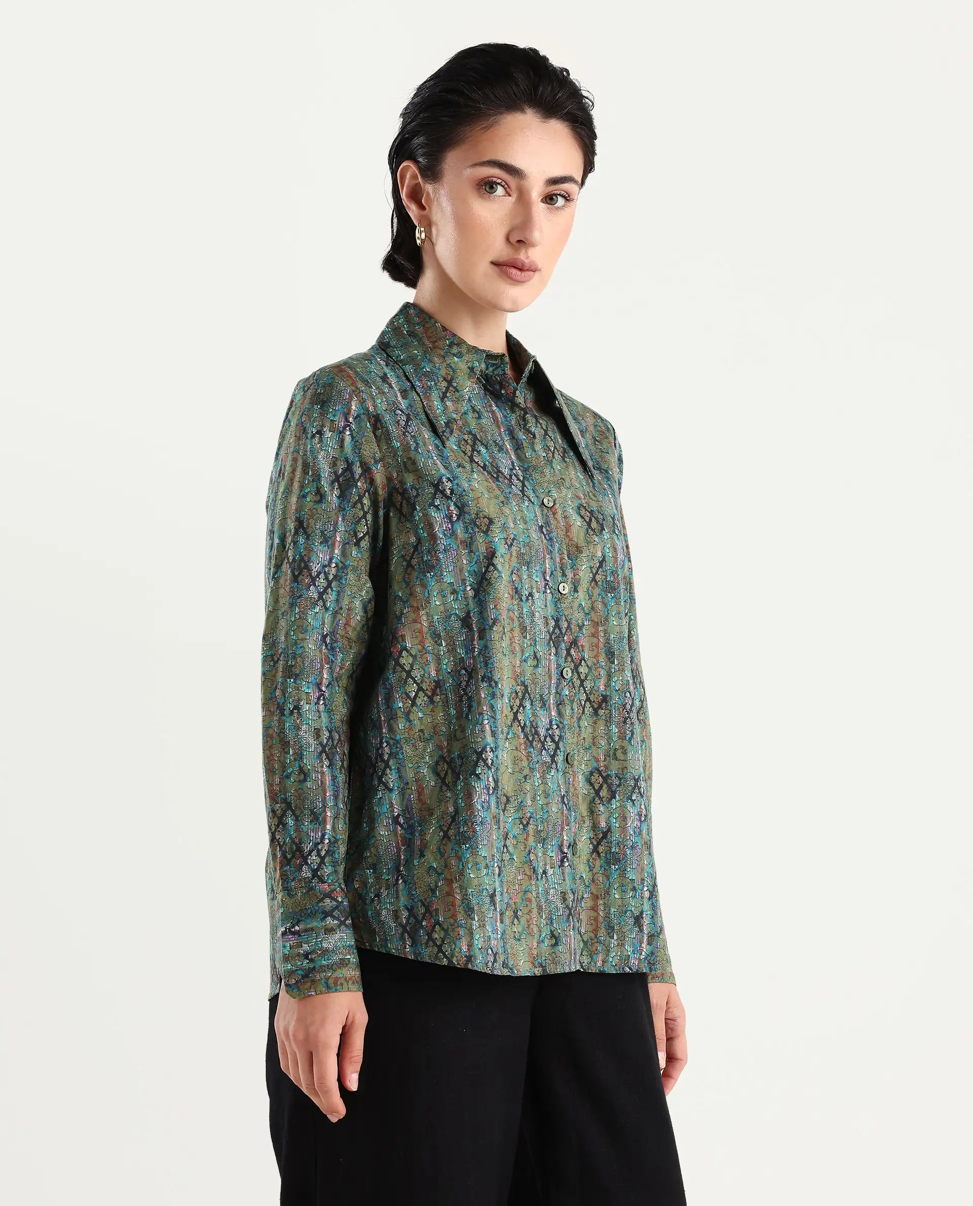 Rareism Women's Nudo Multi Cotton Spread Collar Abstract Print Regular Fit Top