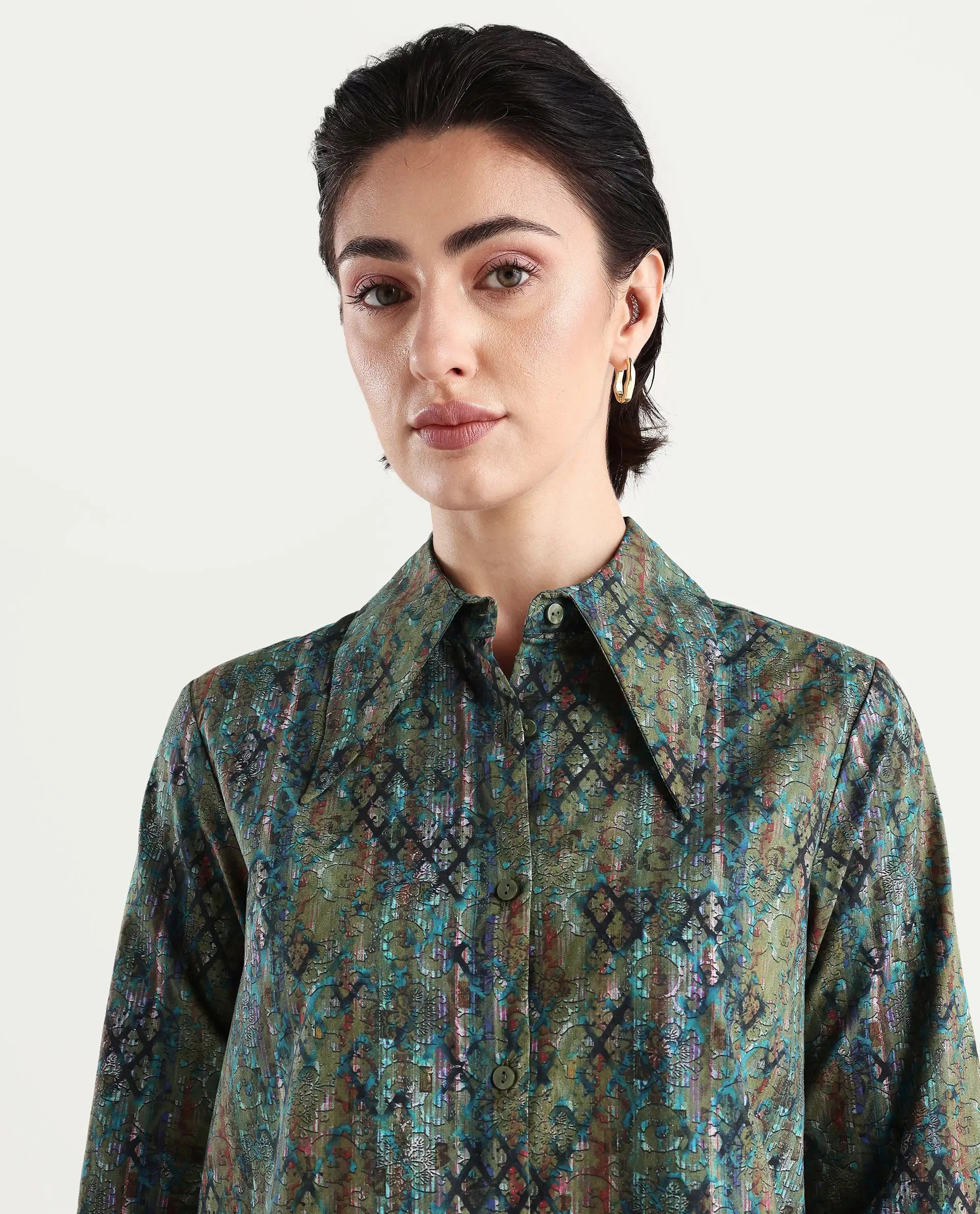 Rareism Women's Nudo Multi Cotton Spread Collar Abstract Print Regular Fit Top