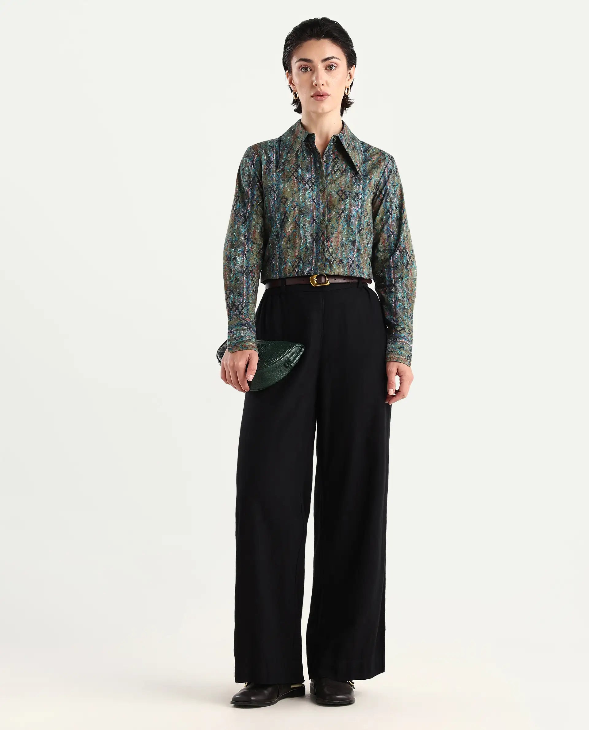 Rareism Women's Nudo Multi Cotton Spread Collar Abstract Print Regular Fit Top