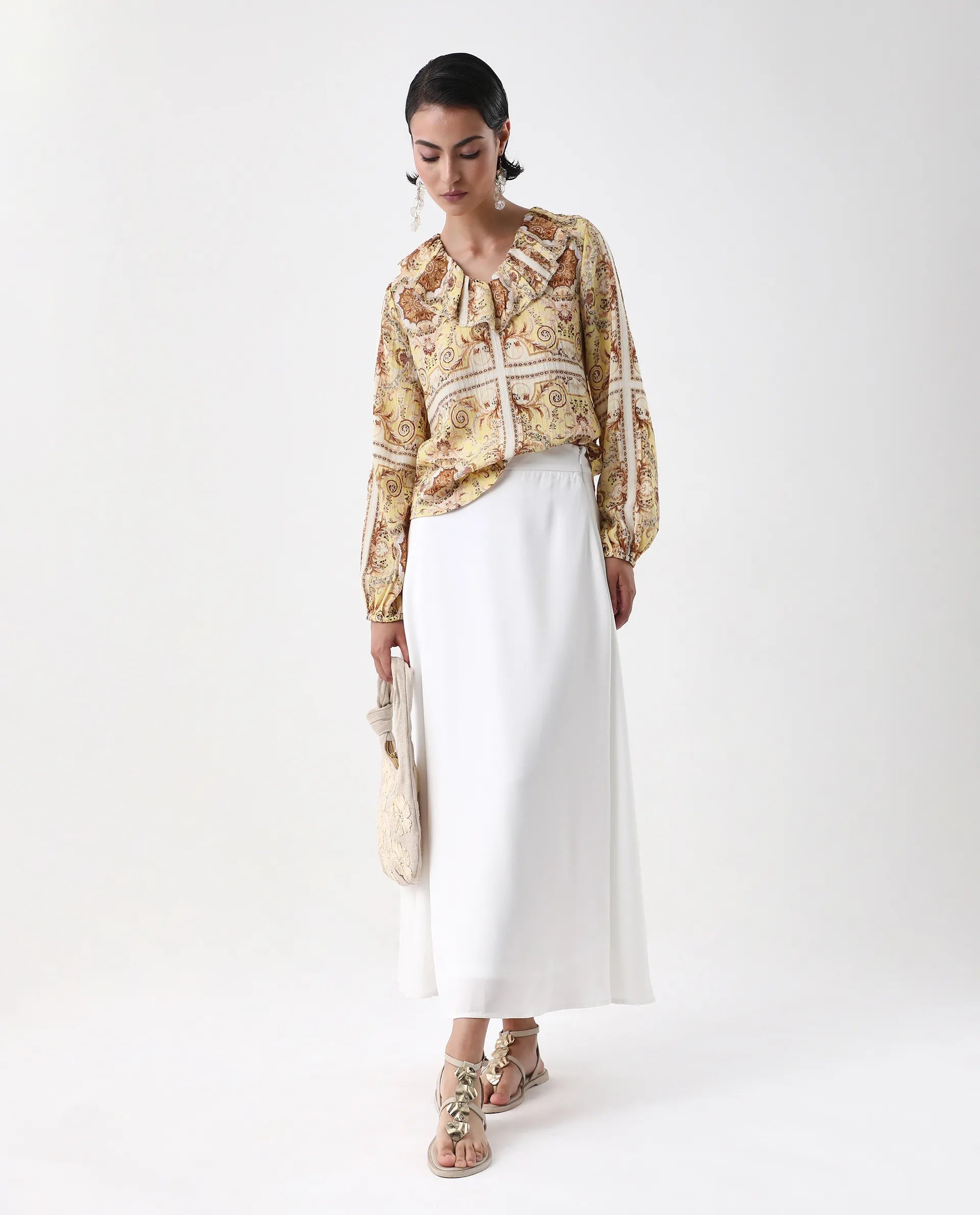 Rareism Women's Nueson Yellow Polyester Ruffled Neck Regular Fit Top