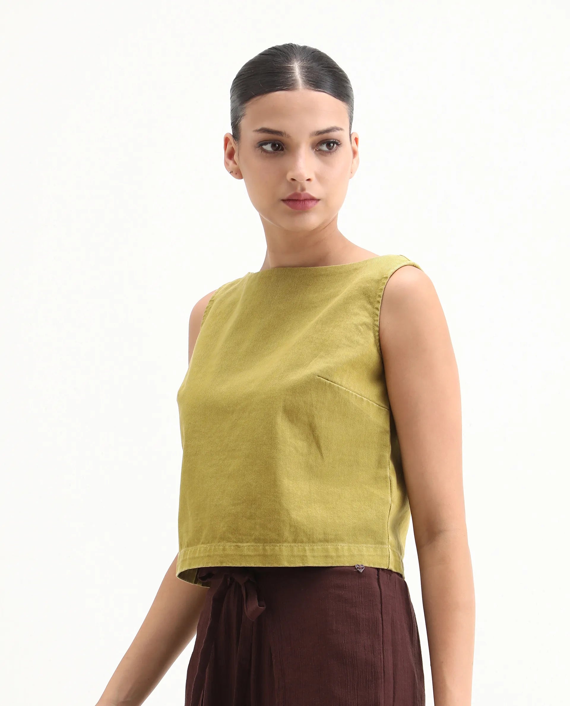 Rareism Women's Nufes-T Olive Cotton Boat Neck Boxy Fit Plain Top