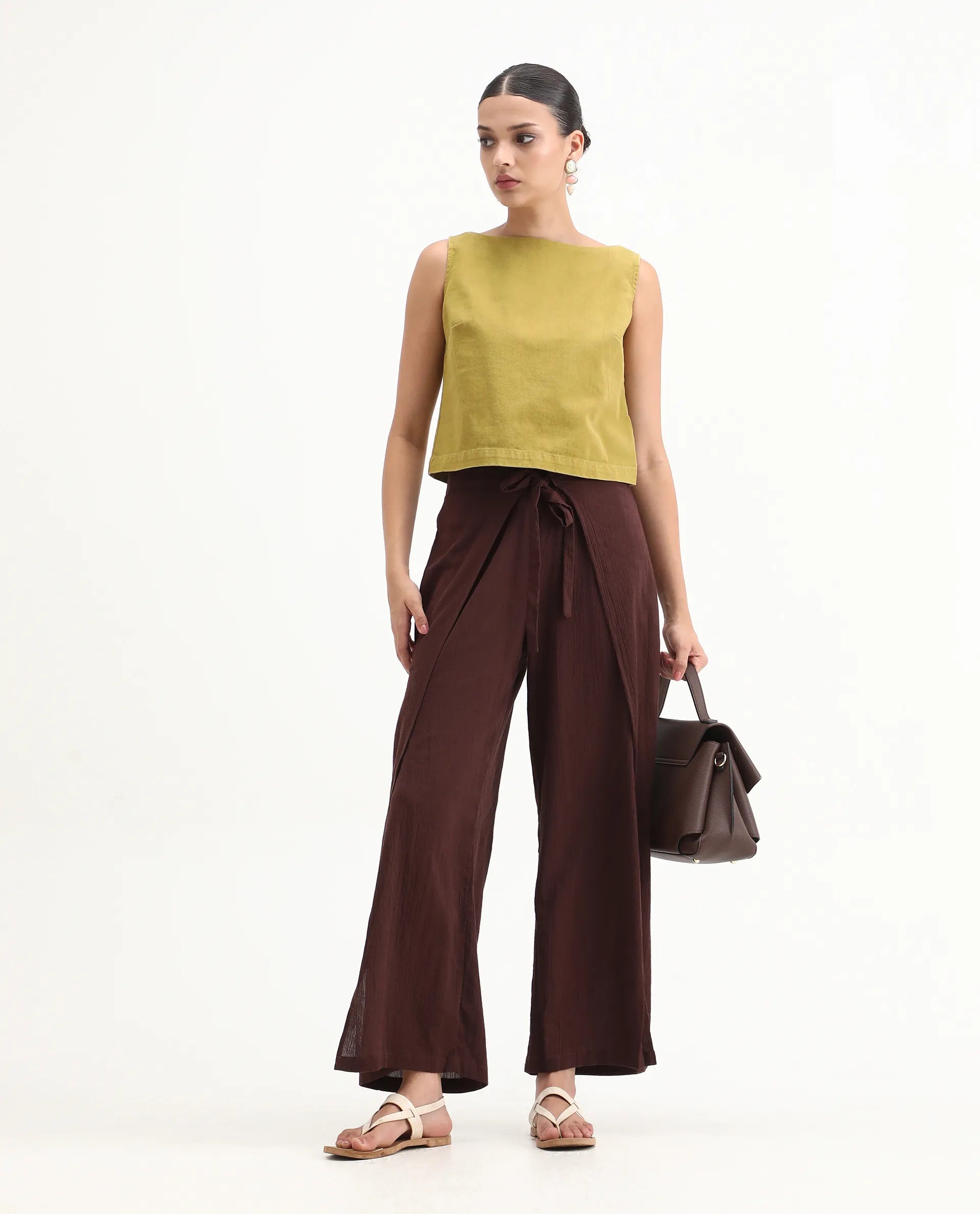 Rareism Women's Nufes-T Olive Cotton Boat Neck Boxy Fit Plain Top