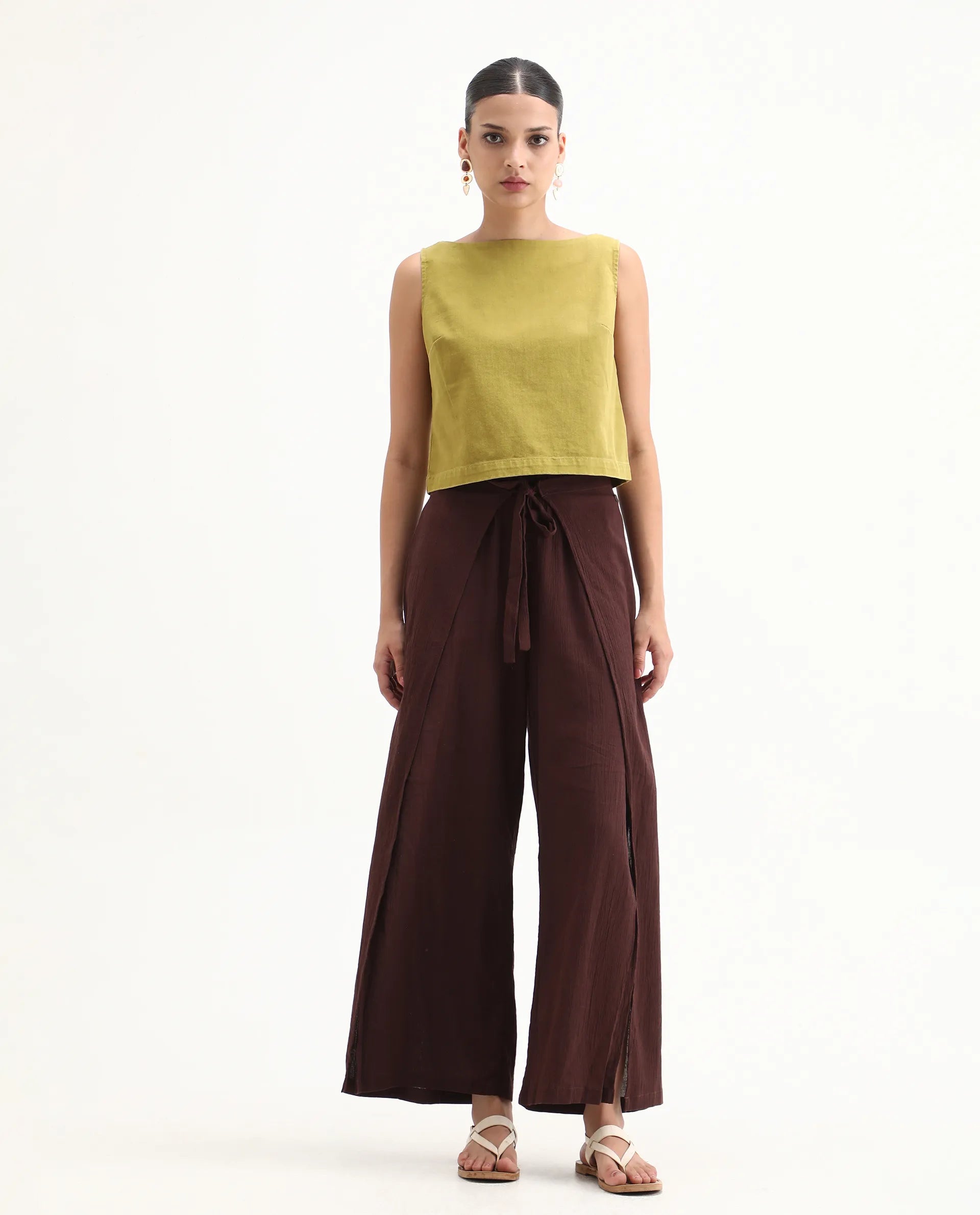 Rareism Women's Nufes-T Olive Cotton Boat Neck Boxy Fit Plain Top