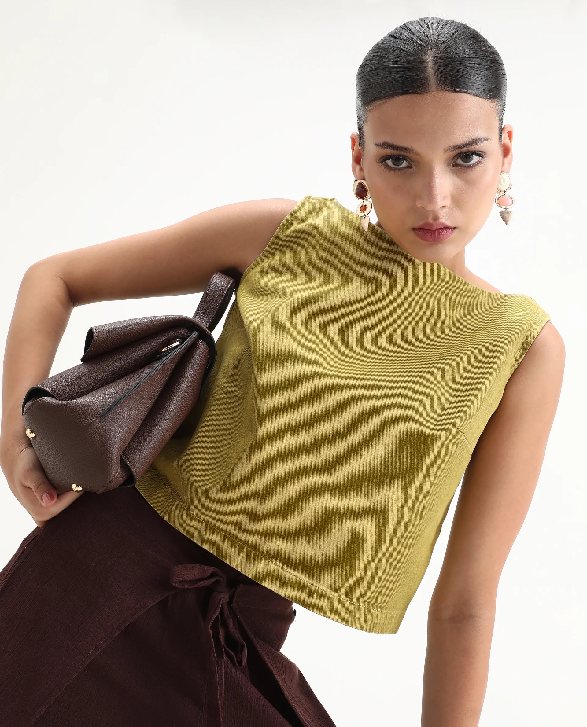 Rareism Women's Nufes-T Olive Cotton Boat Neck Boxy Fit Plain Top