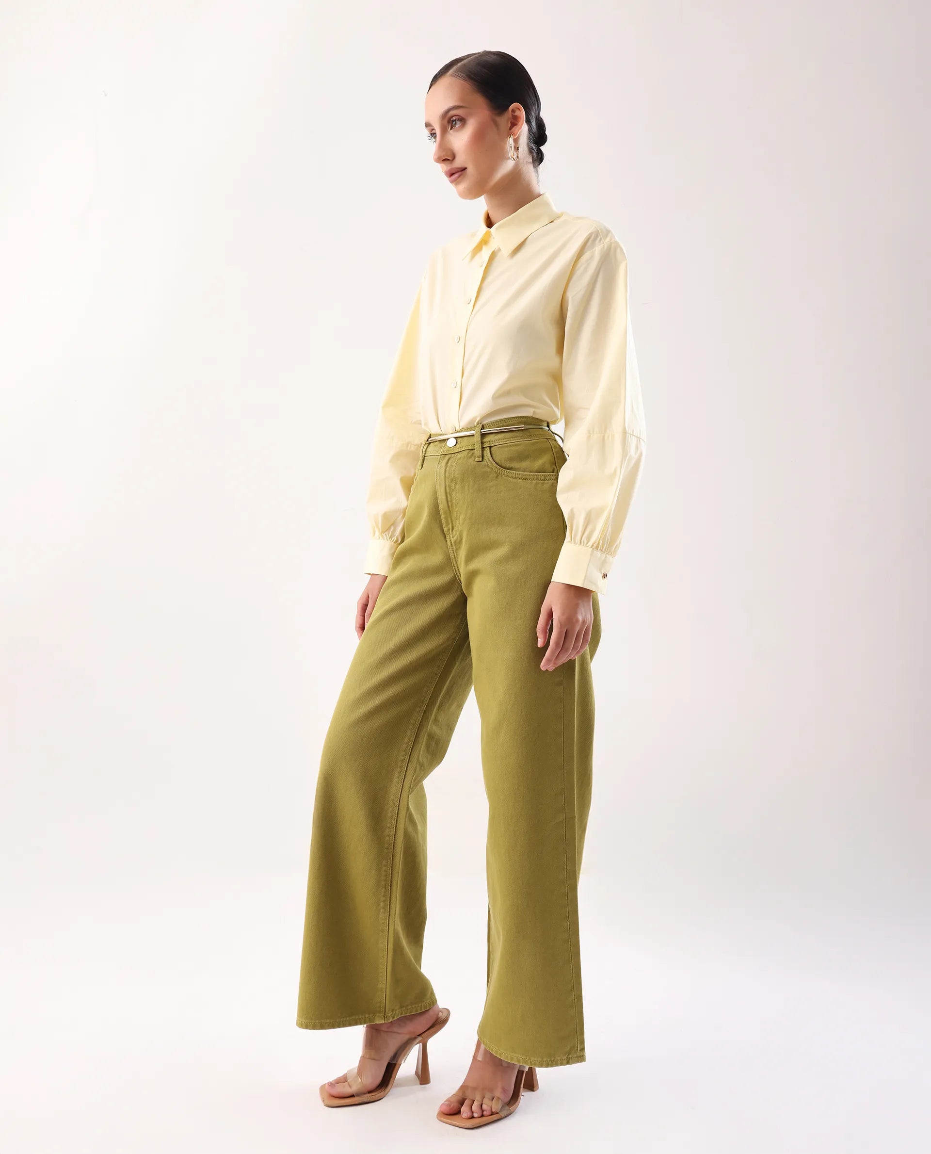 Rareism Women's Nufes B Olive Cotton Wide Ankle Length Plain Trouser