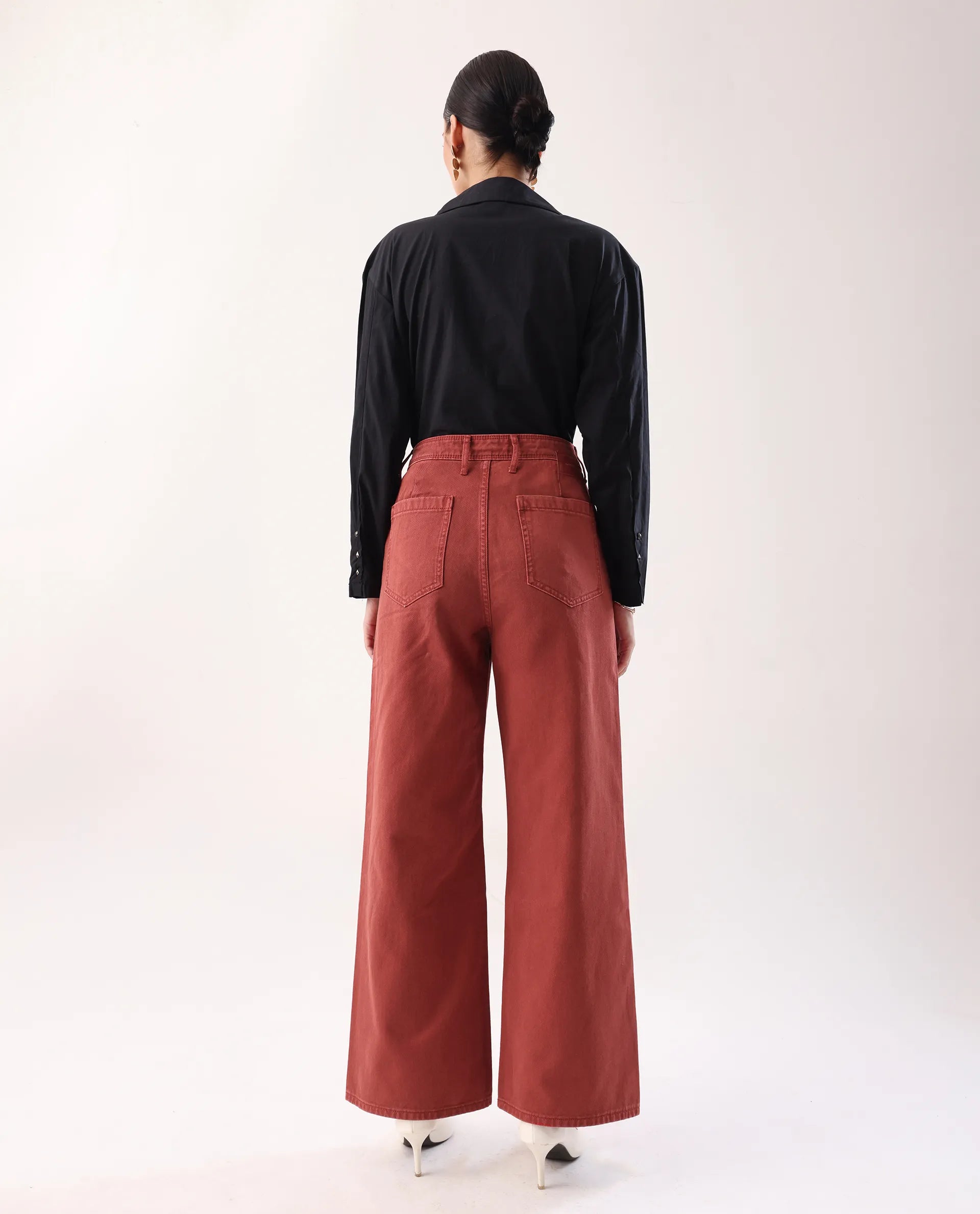 Rareism Women's Nufes Rust Cotton Wide Ankle Length Plain Trouser