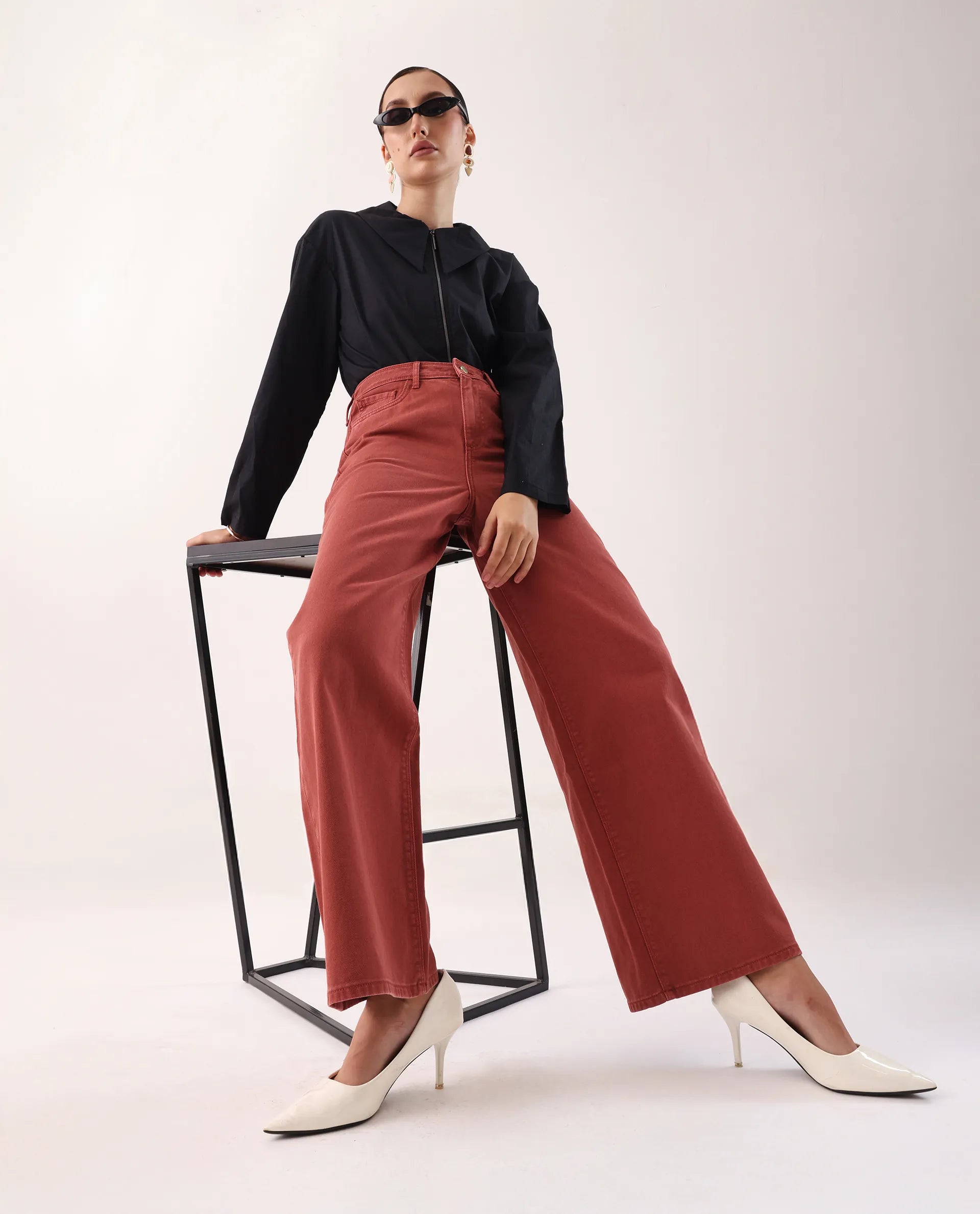 Rareism Women's Nufes Rust Cotton Wide Ankle Length Plain Trouser