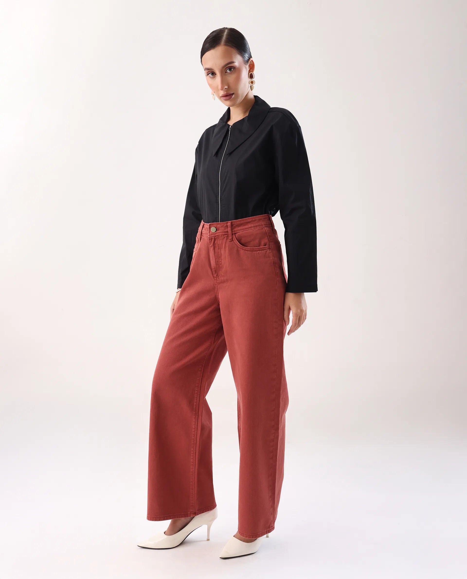 Rareism Women's Nufes Rust Cotton Wide Ankle Length Plain Trouser
