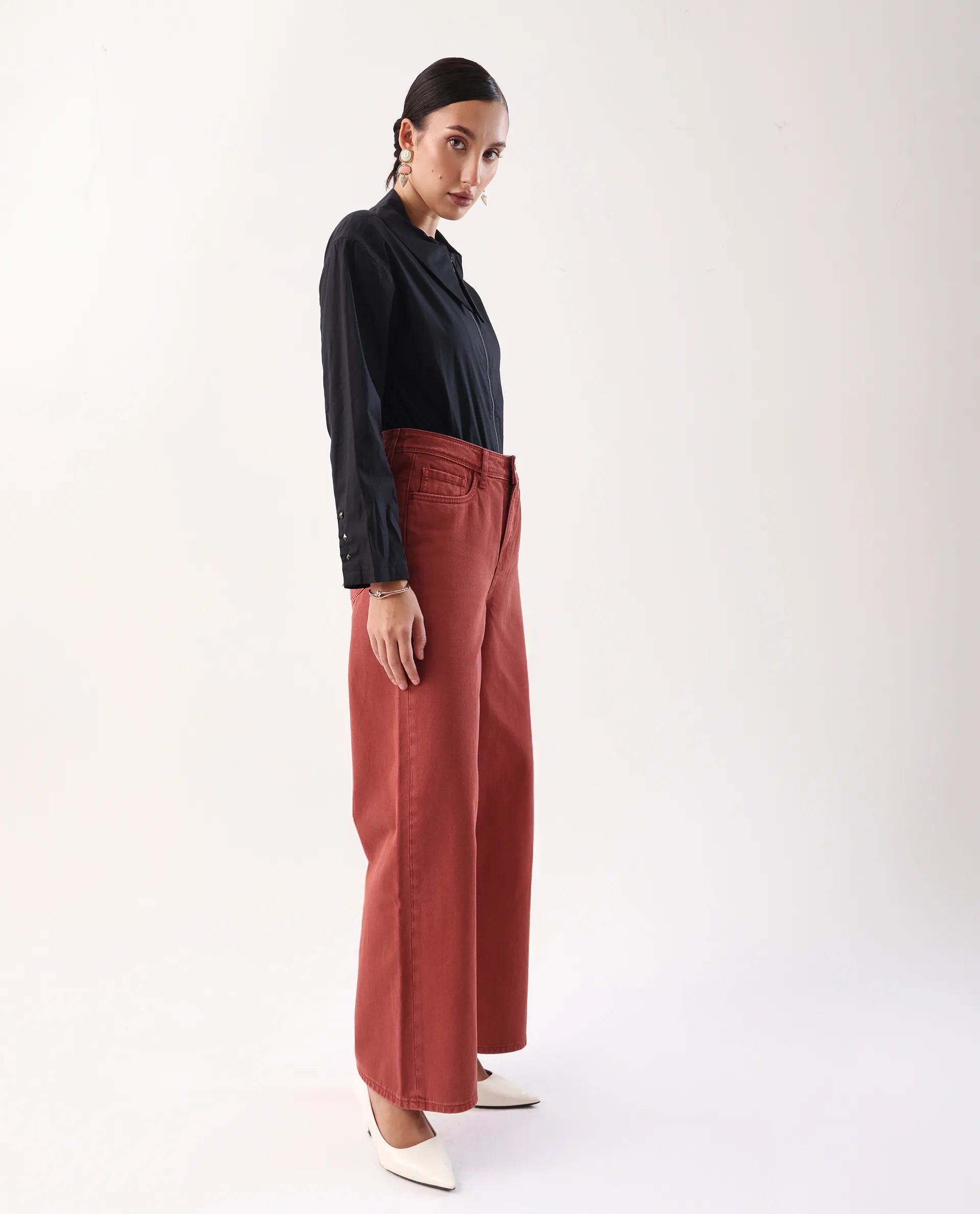 Rareism Women's Nufes Rust Cotton Wide Ankle Length Plain Trouser