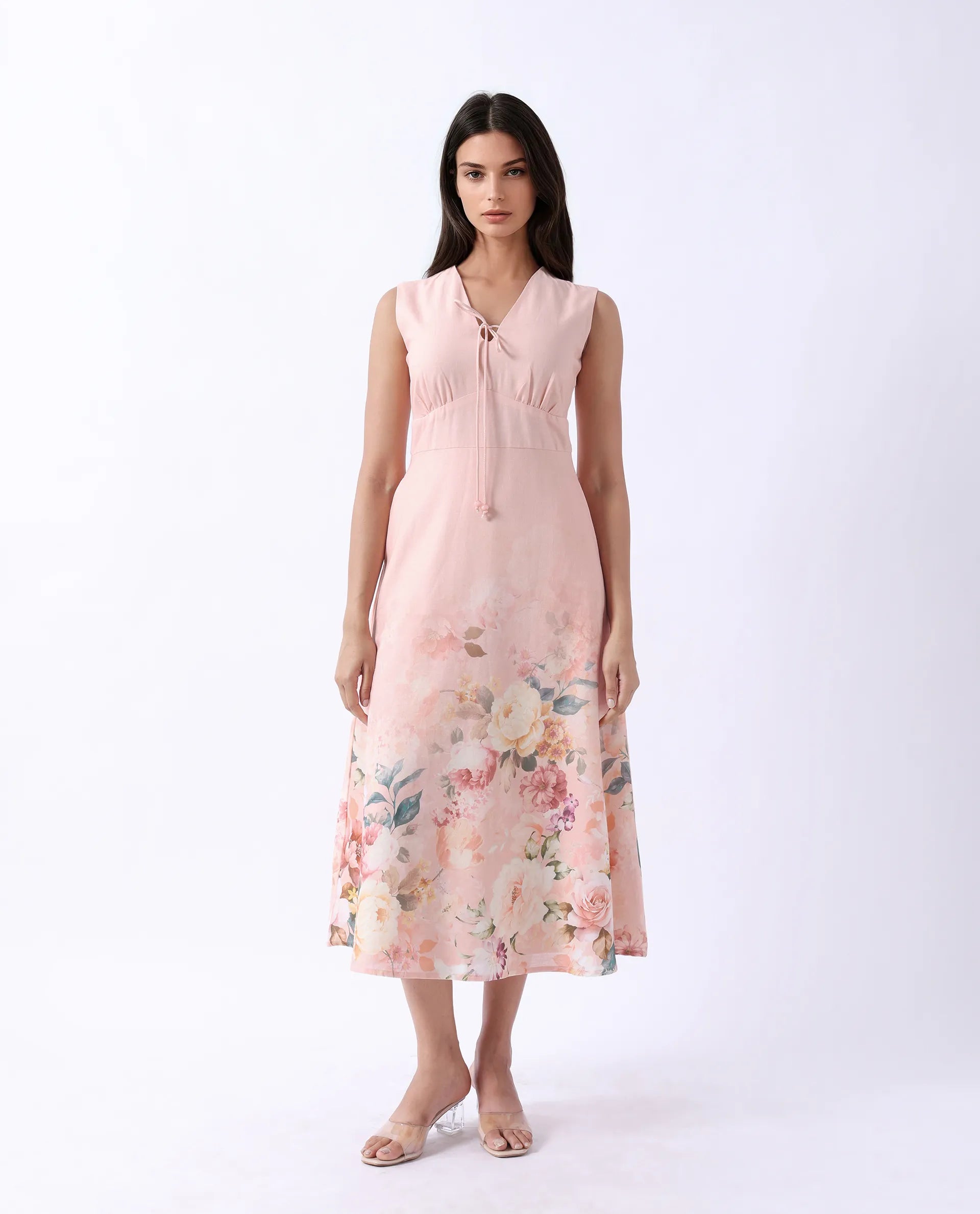 Rareism Women's Nugo Pink Cotton Blend V-Neck Floral Print Midi Dress