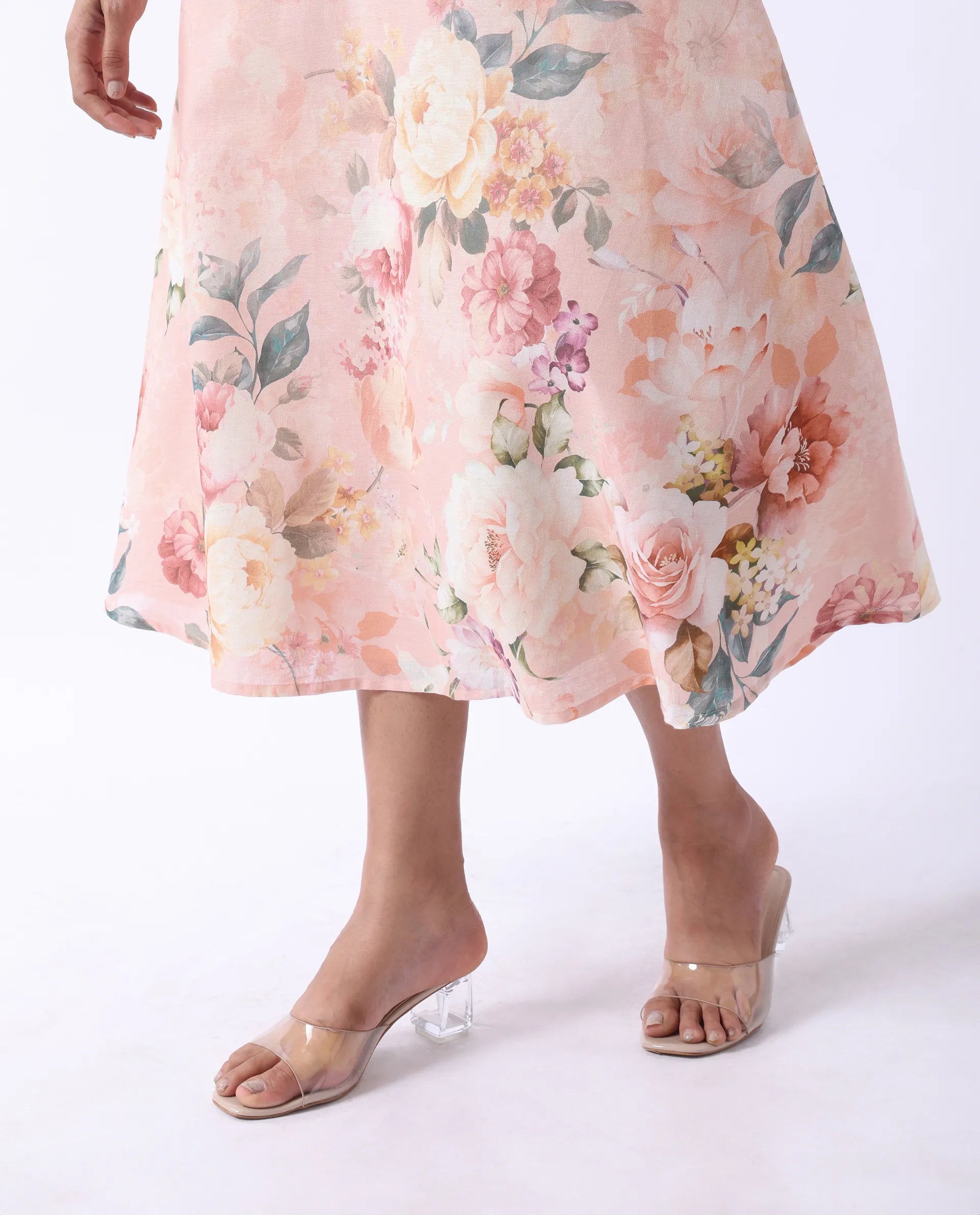 Rareism Women's Nugo Pink Cotton Blend V-Neck Floral Print Midi Dress