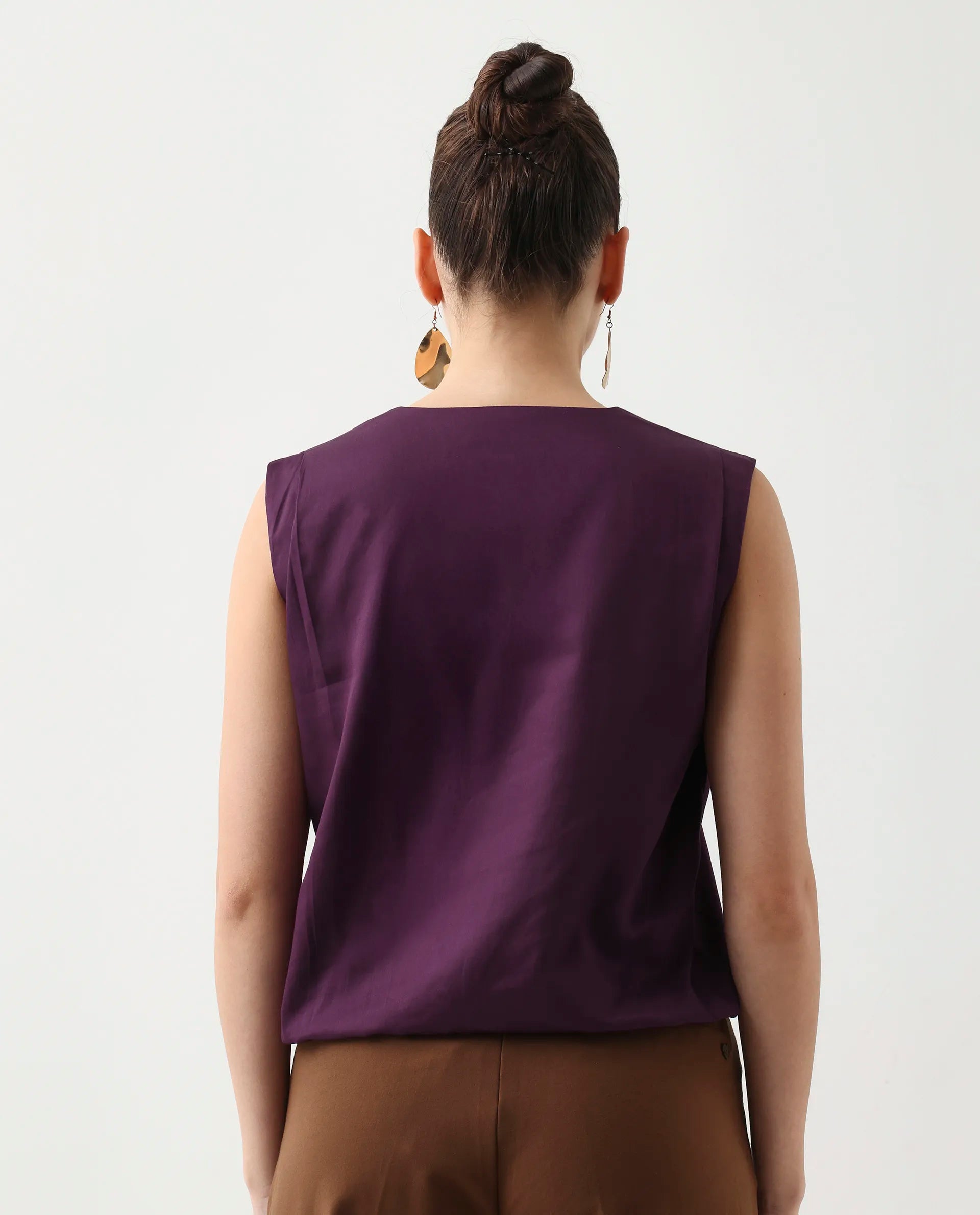 Rareism Women's Nujet Purple Cotton Blend Overlap Neck Regular Fit Plain Top