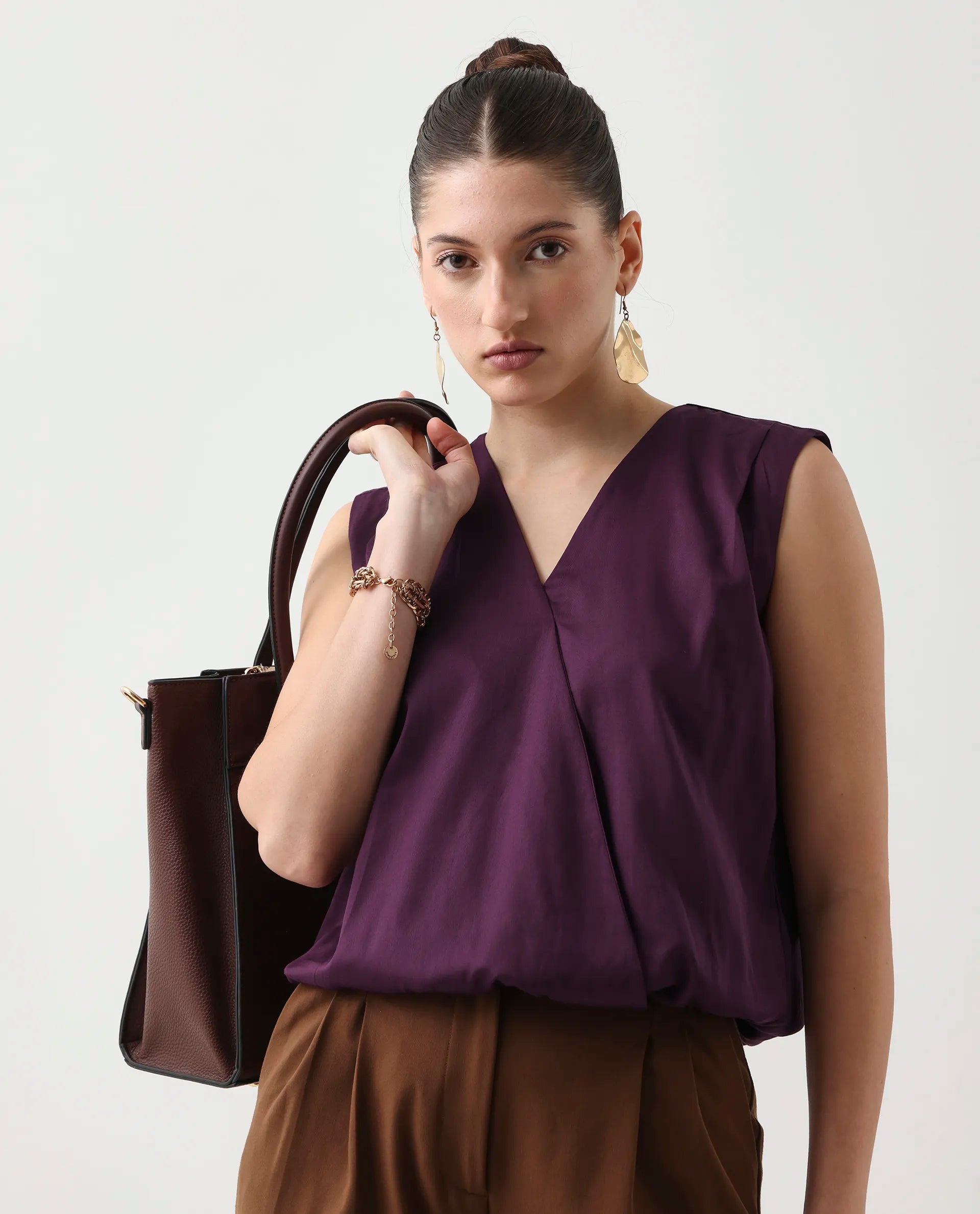 Rareism Women's Nujet Purple Cotton Blend Overlap Neck Regular Fit Plain Top