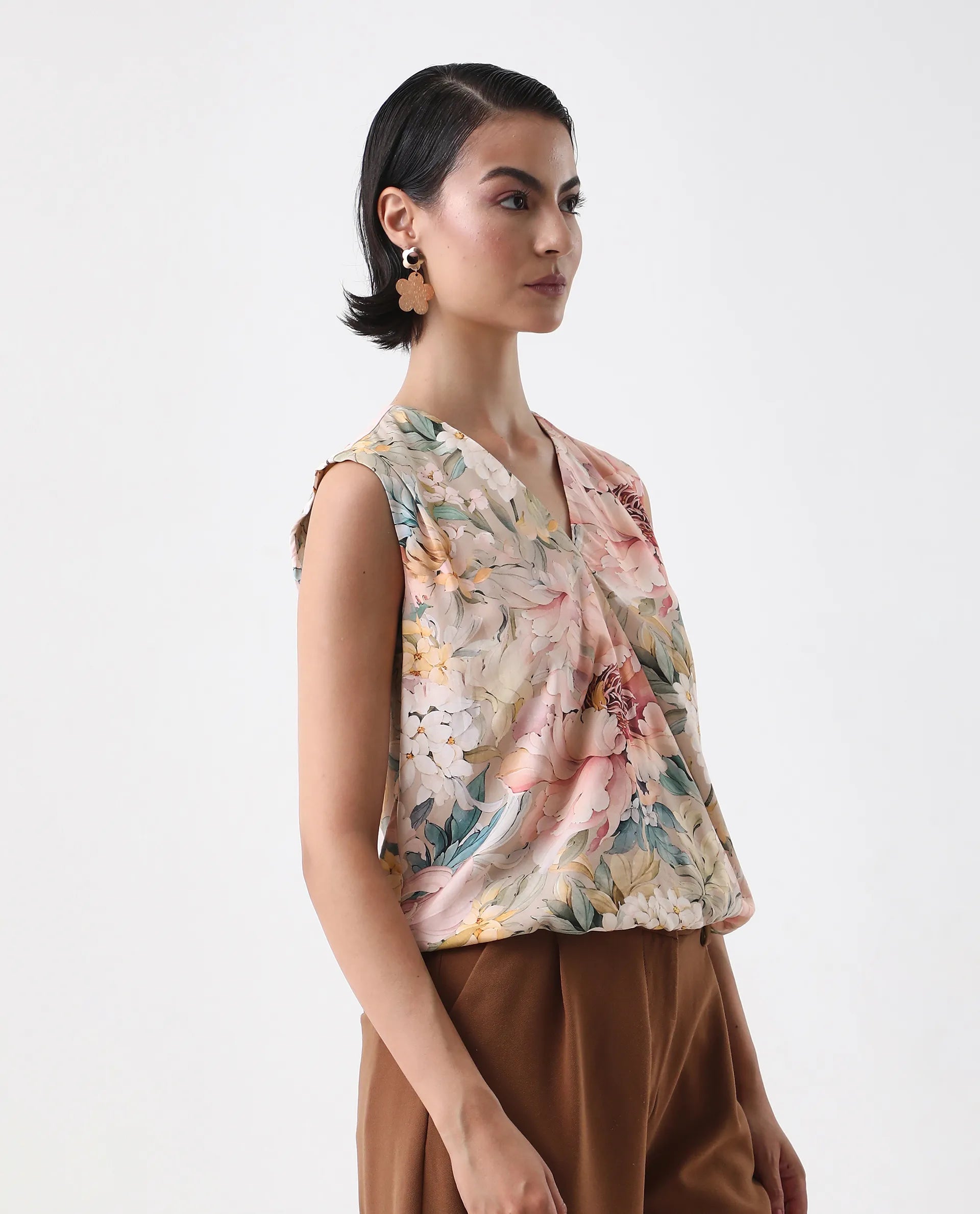 Rareism Women's Nujit Light Multi Viscose Sleeveless Over Lap Neck Regular Fit Top