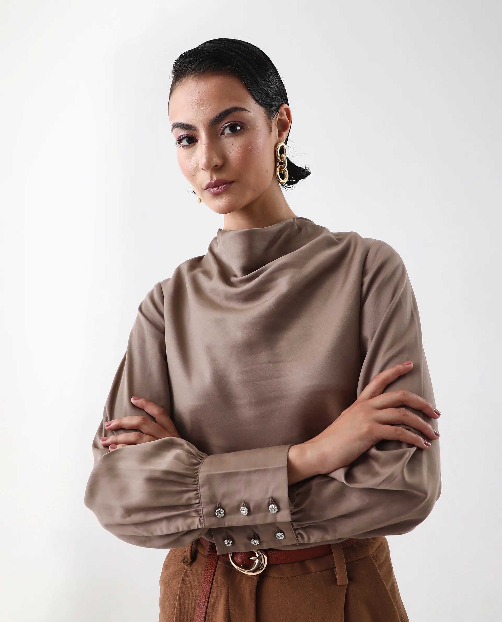 Rareism Women's Nujuno Beige Cotton Blend Cuffed Sleeve Cowl Neck Regular Fit Plain Top