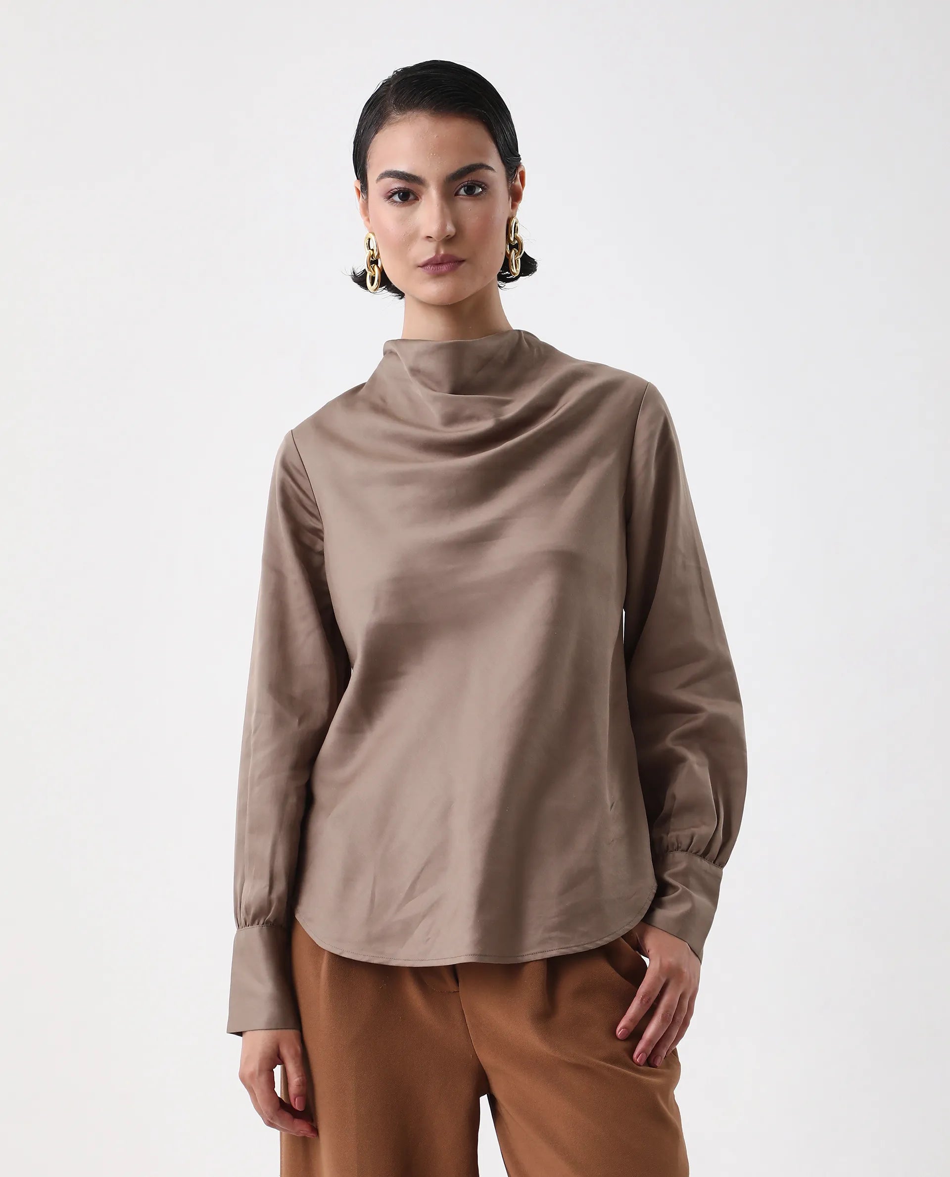 Rareism Women's Nujuno Beige Cotton Blend Cuffed Sleeve Cowl Neck Regular Fit Plain Top