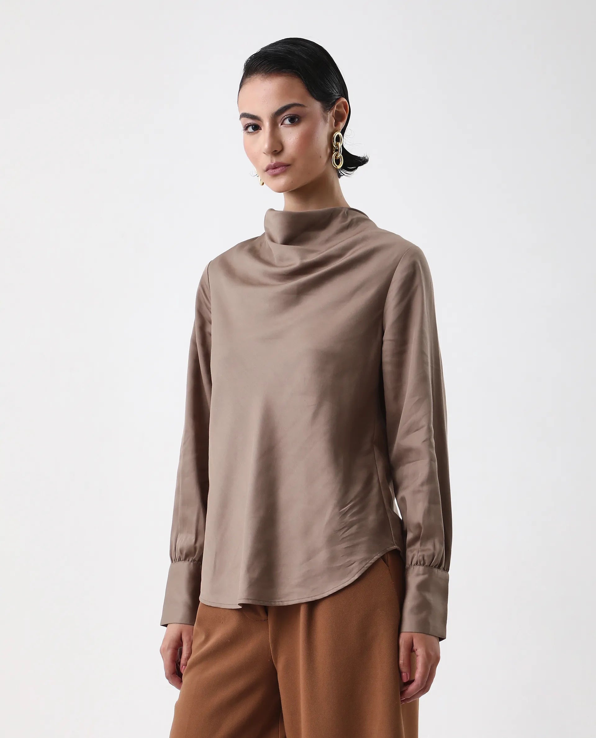 Rareism Women's Nujuno Beige Cotton Blend Cuffed Sleeve Cowl Neck Regular Fit Plain Top