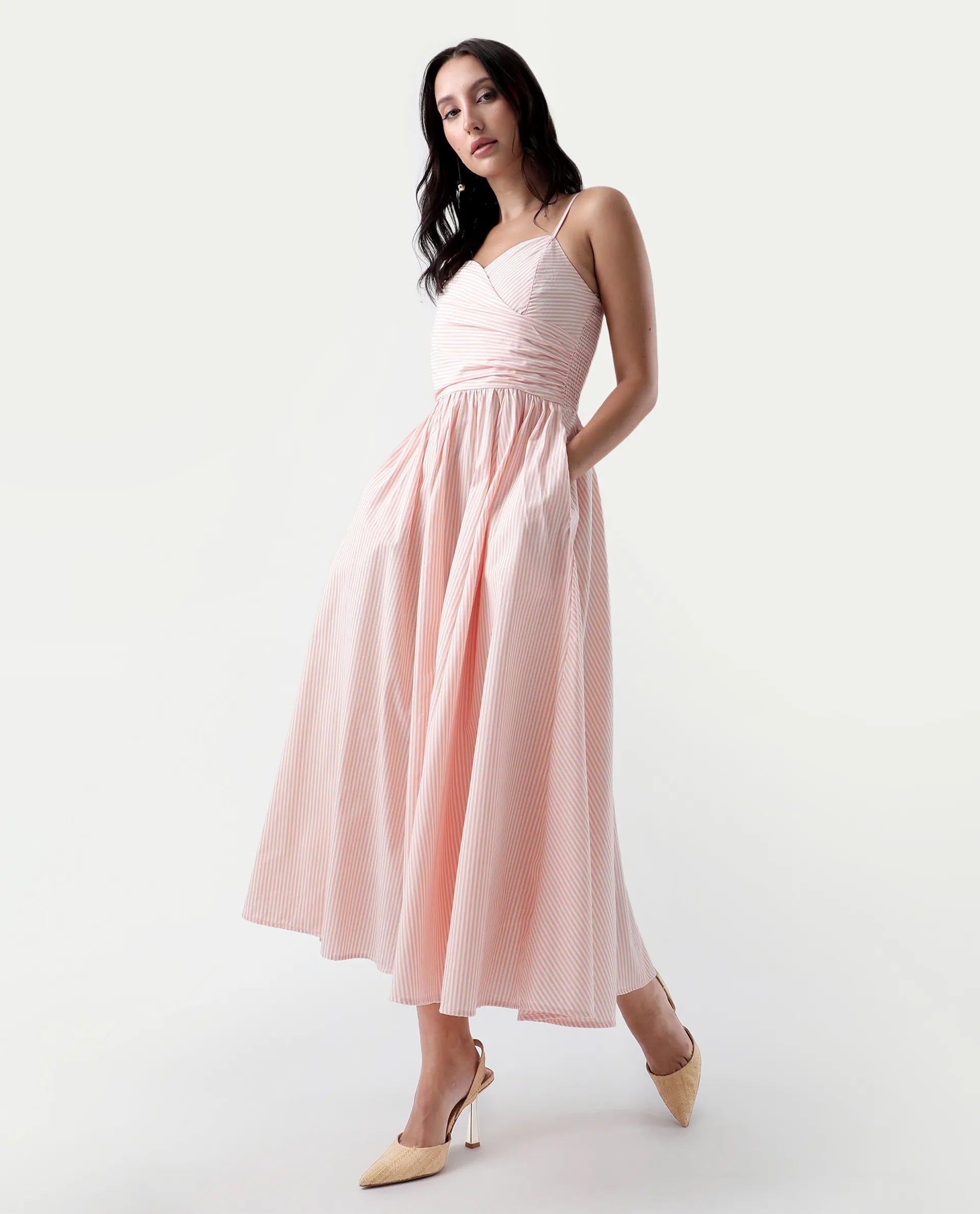 Rareism Women's Nuloon Pink Cotton Sweetheart Neck Striped Sleeveless Midi Fit And Flare Dress