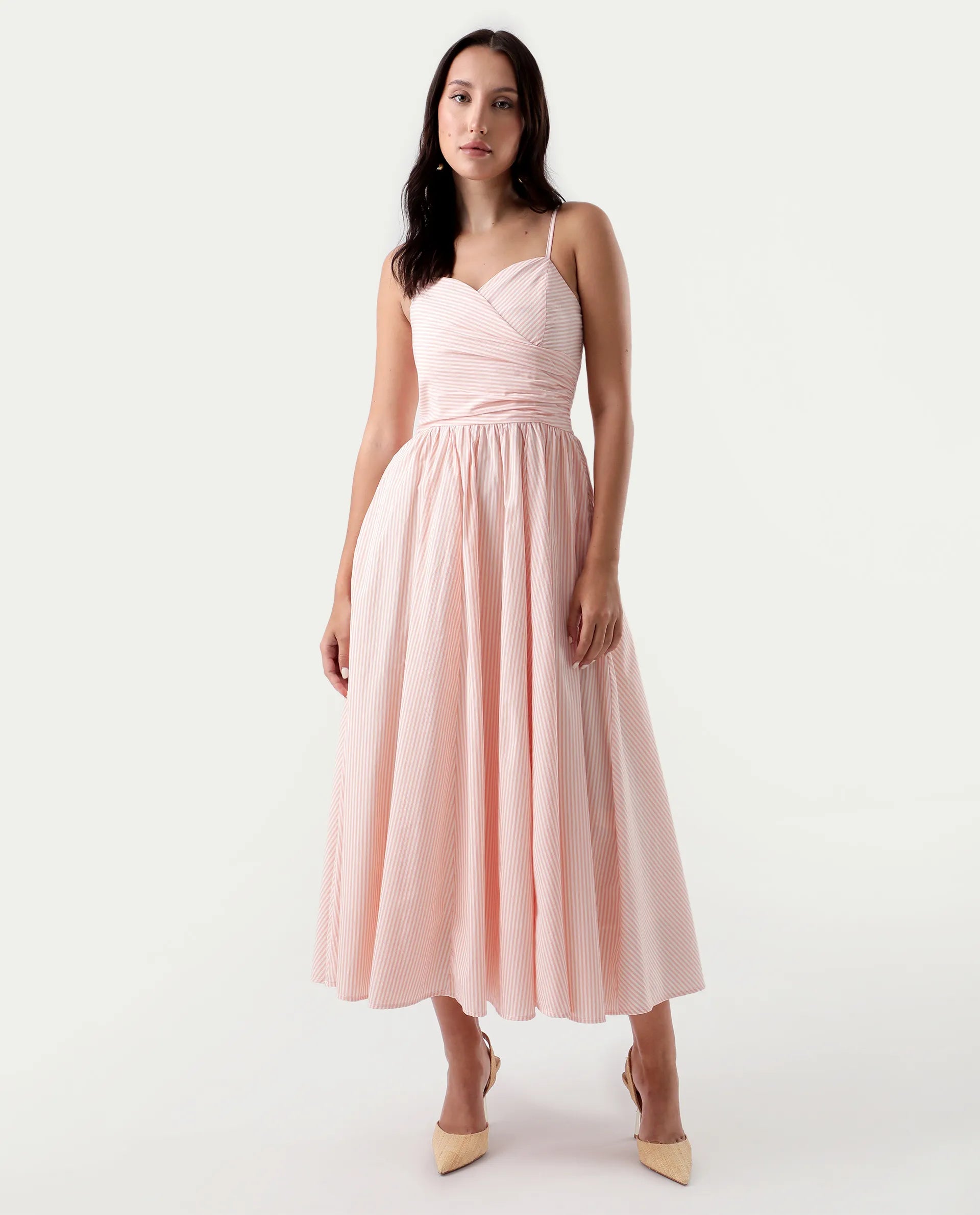 Rareism Women's Nuloon Pink Cotton Sweetheart Neck Striped Sleeveless Midi Fit And Flare Dress