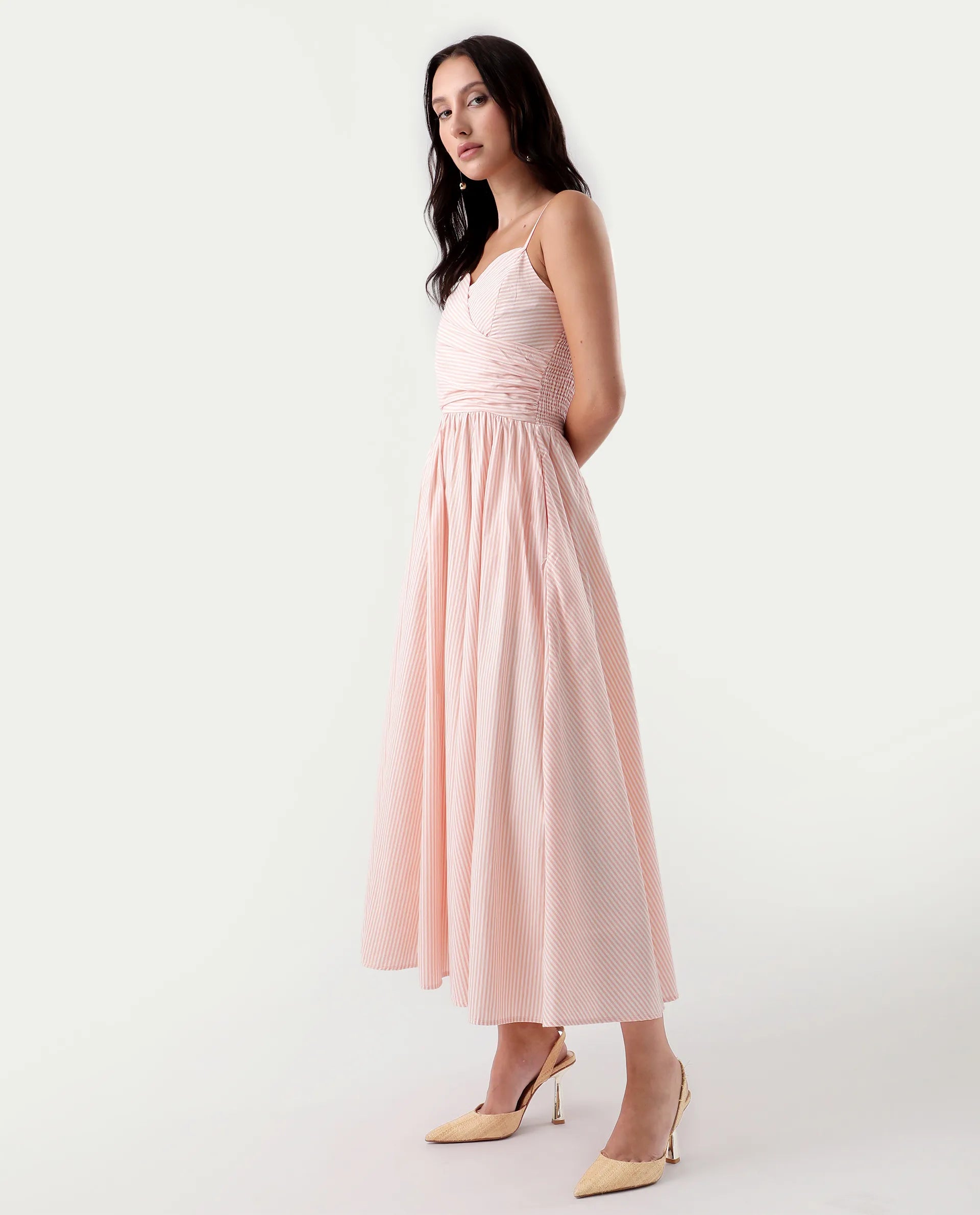 Rareism Women's Nuloon Pink Cotton Sweetheart Neck Striped Sleeveless Midi Fit And Flare Dress