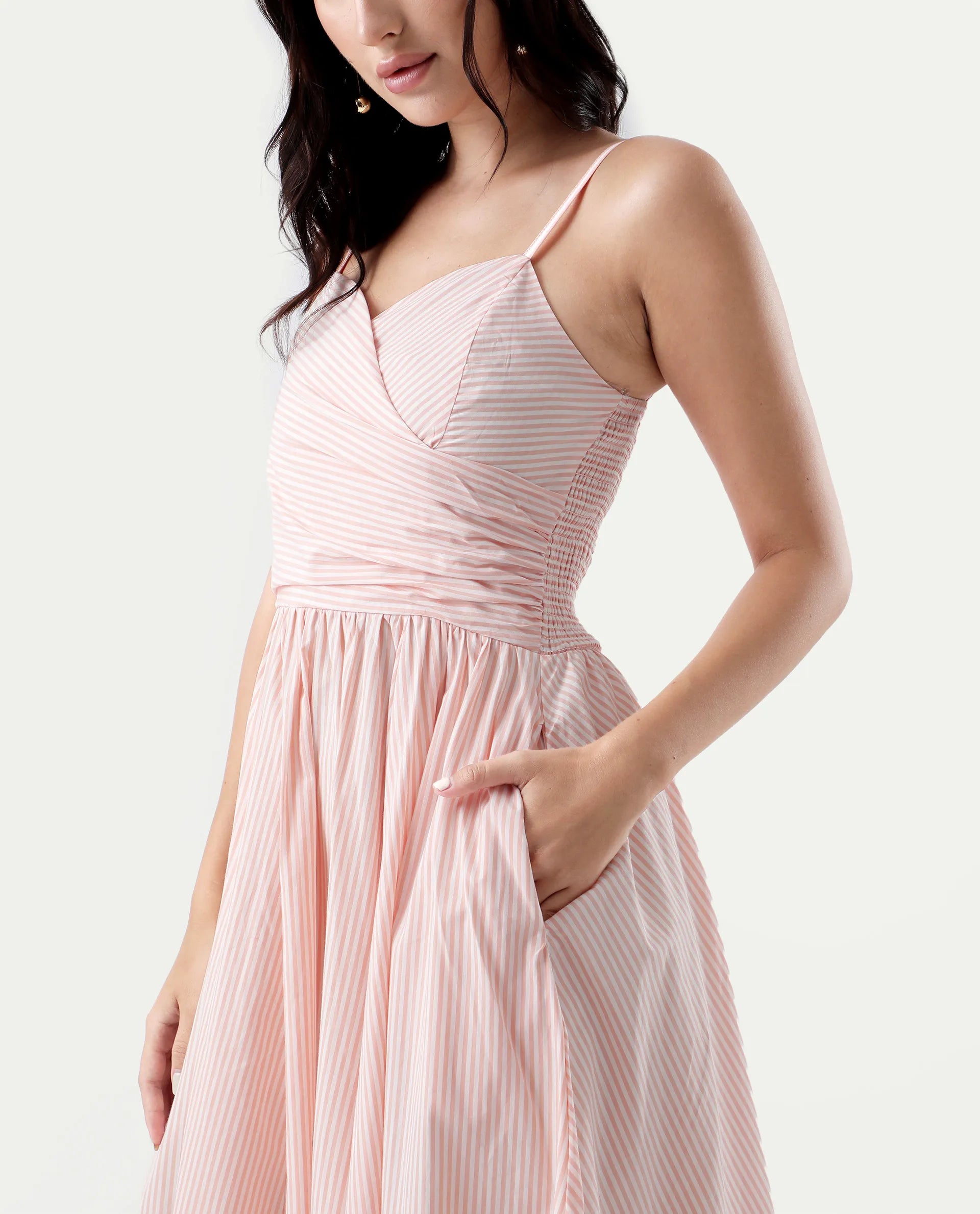 Rareism Women's Nuloon Pink Cotton Sweetheart Neck Striped Sleeveless Midi Fit And Flare Dress
