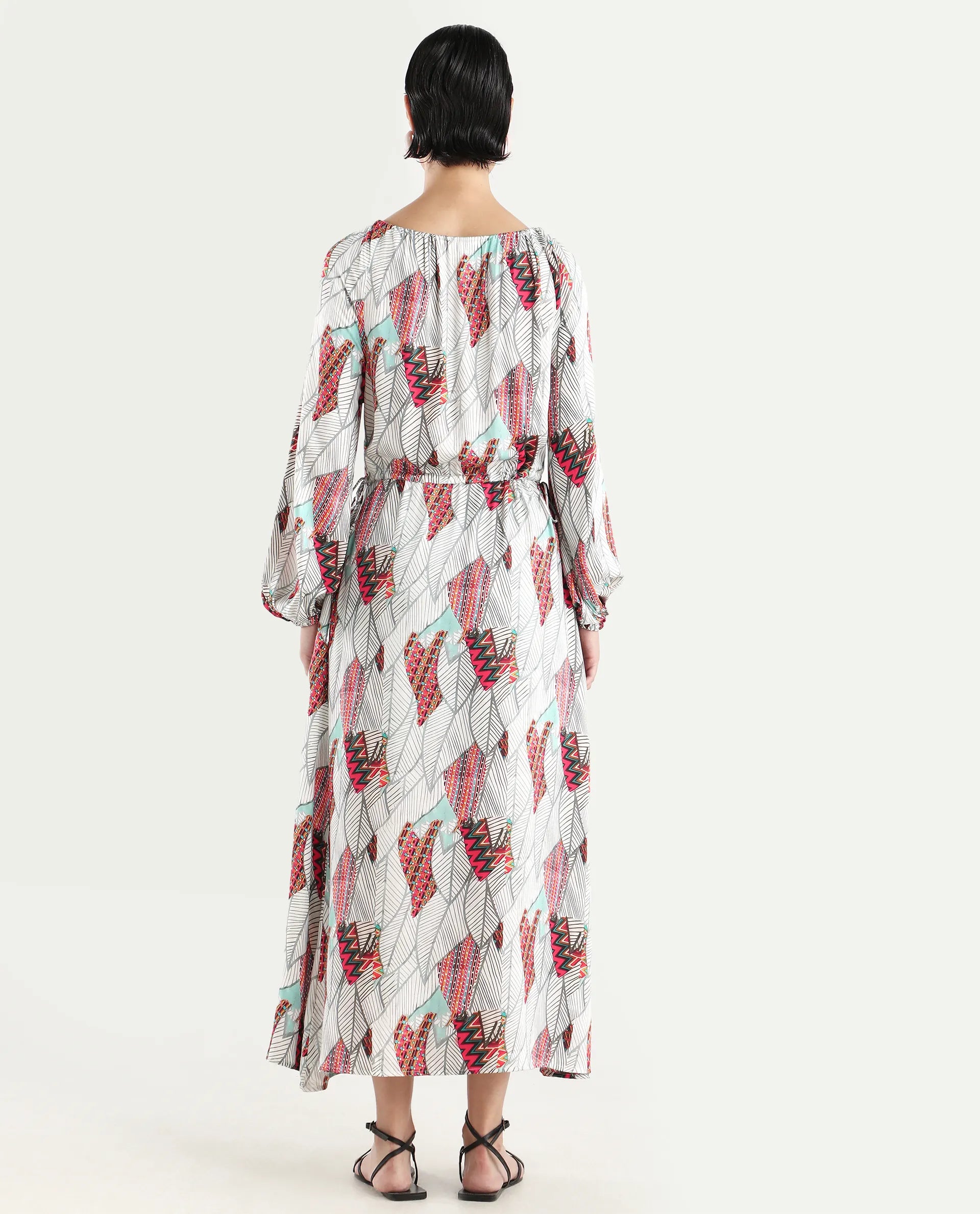 Rareism Women's Numan Multi Cotton Blend Tie-Up Neck Tropical Print Maxi Regular Fit Dress