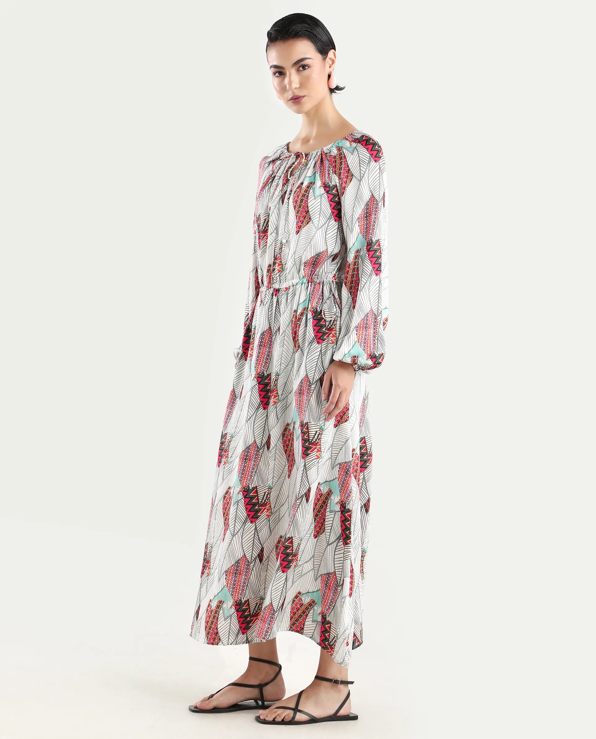 Rareism Women's Numan Multi Cotton Blend Tie-Up Neck Tropical Print Maxi Regular Fit Dress