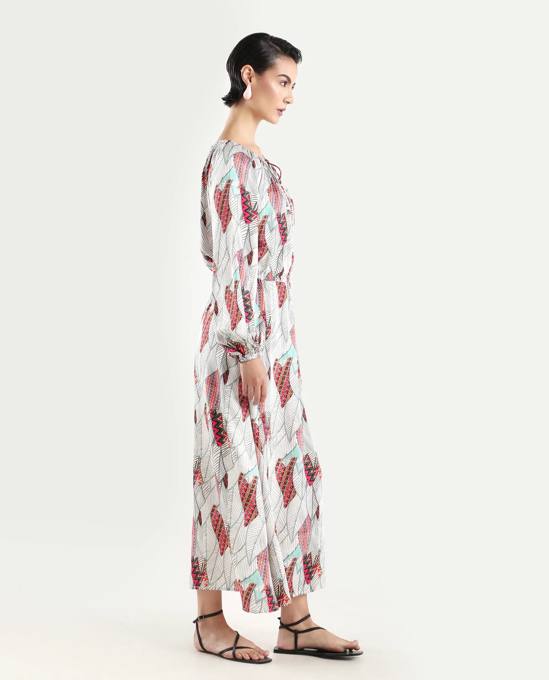 Rareism Women's Numan Multi Cotton Blend Tie-Up Neck Tropical Print Maxi Regular Fit Dress