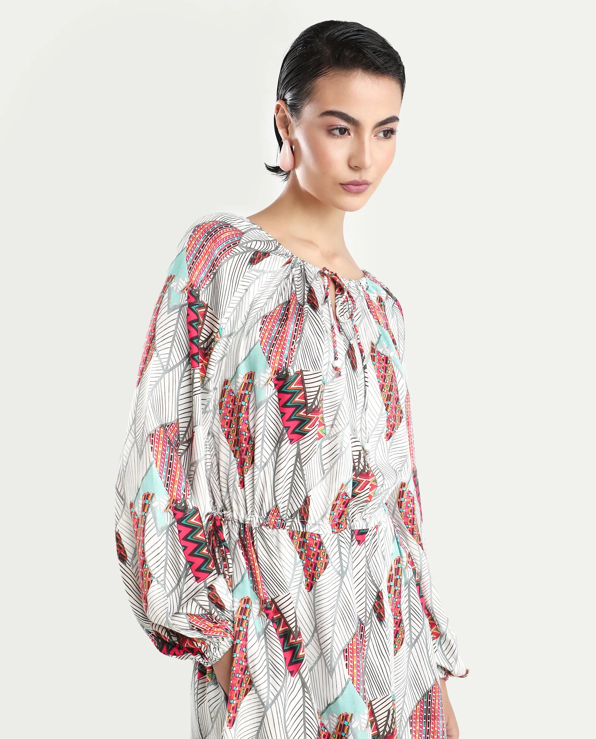 Rareism Women's Numan Multi Cotton Blend Tie-Up Neck Tropical Print Maxi Regular Fit Dress