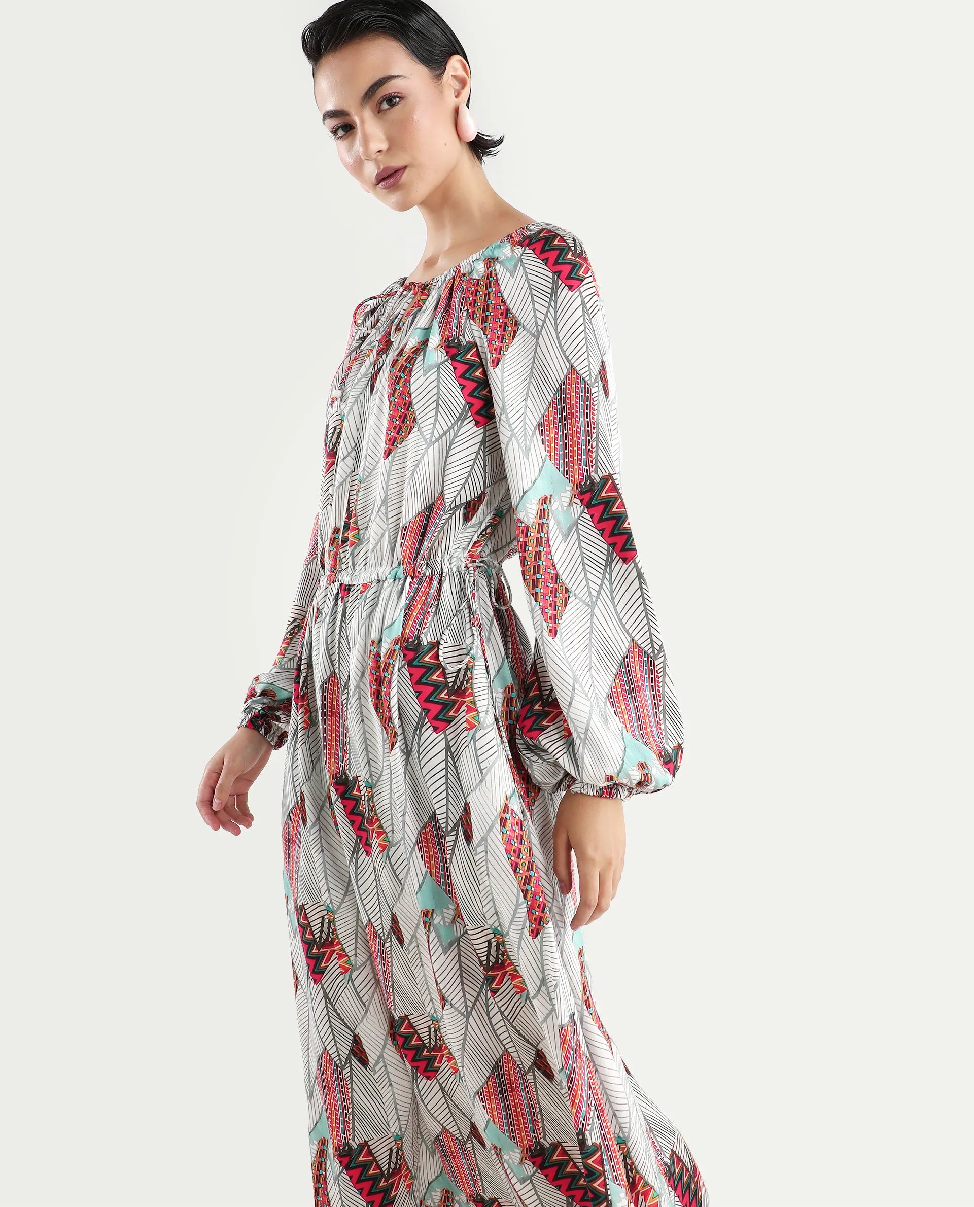 Rareism Women's Numan Multi Cotton Blend Tie-Up Neck Tropical Print Maxi Regular Fit Dress