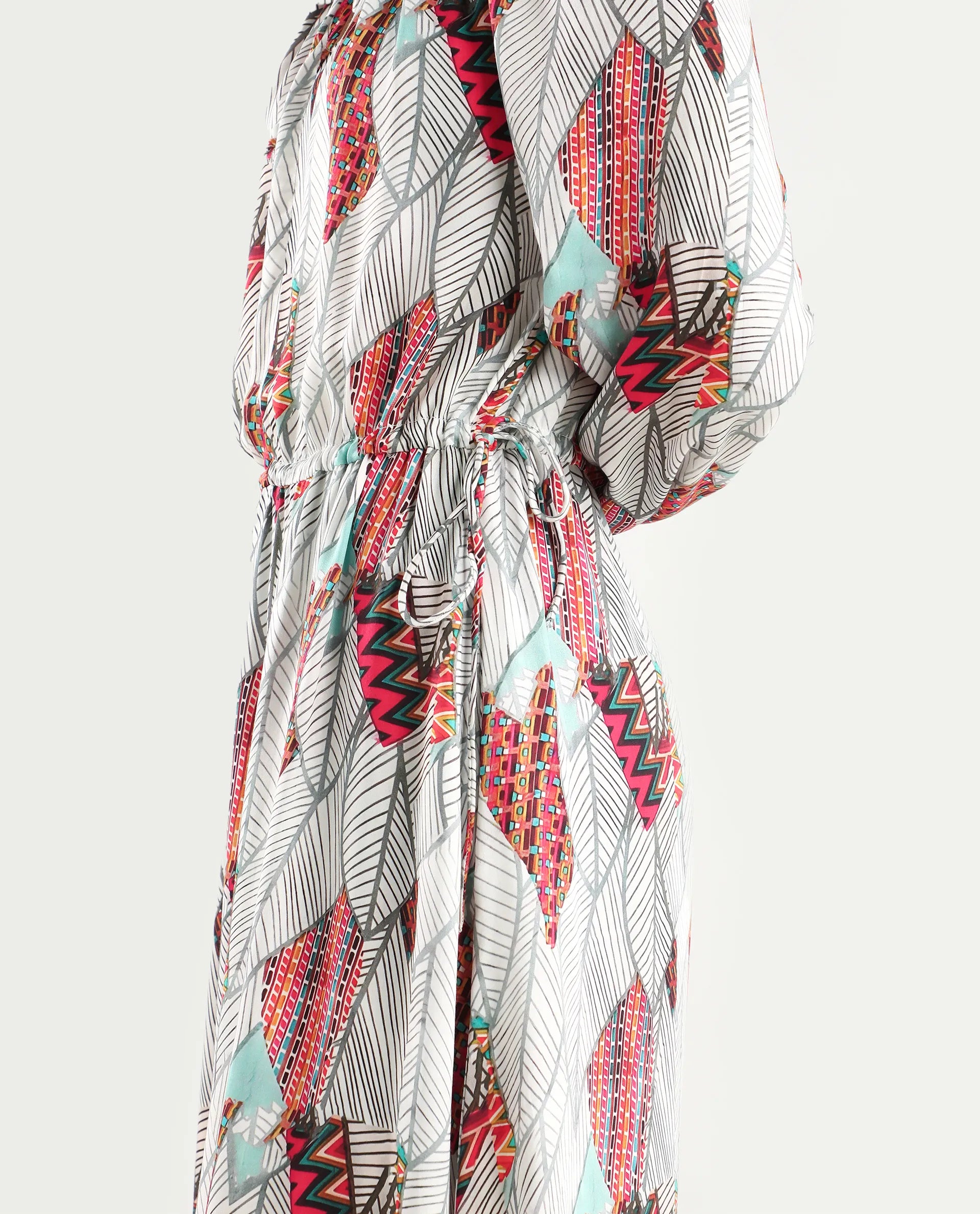 Rareism Women's Numan Multi Cotton Blend Tie-Up Neck Tropical Print Maxi Regular Fit Dress