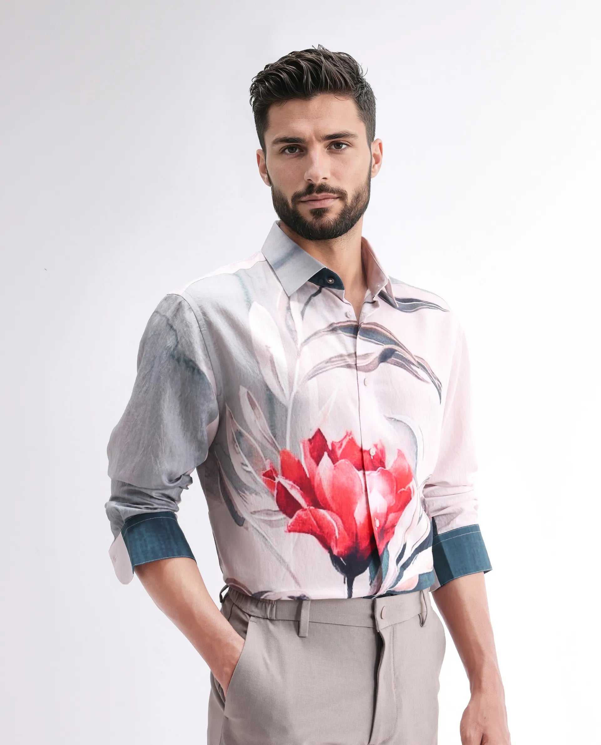 Rare Rabbit Men's Numa Teal Viscose Blend Floral Print Relaxed Fit Full Sleeve Collared Shirt