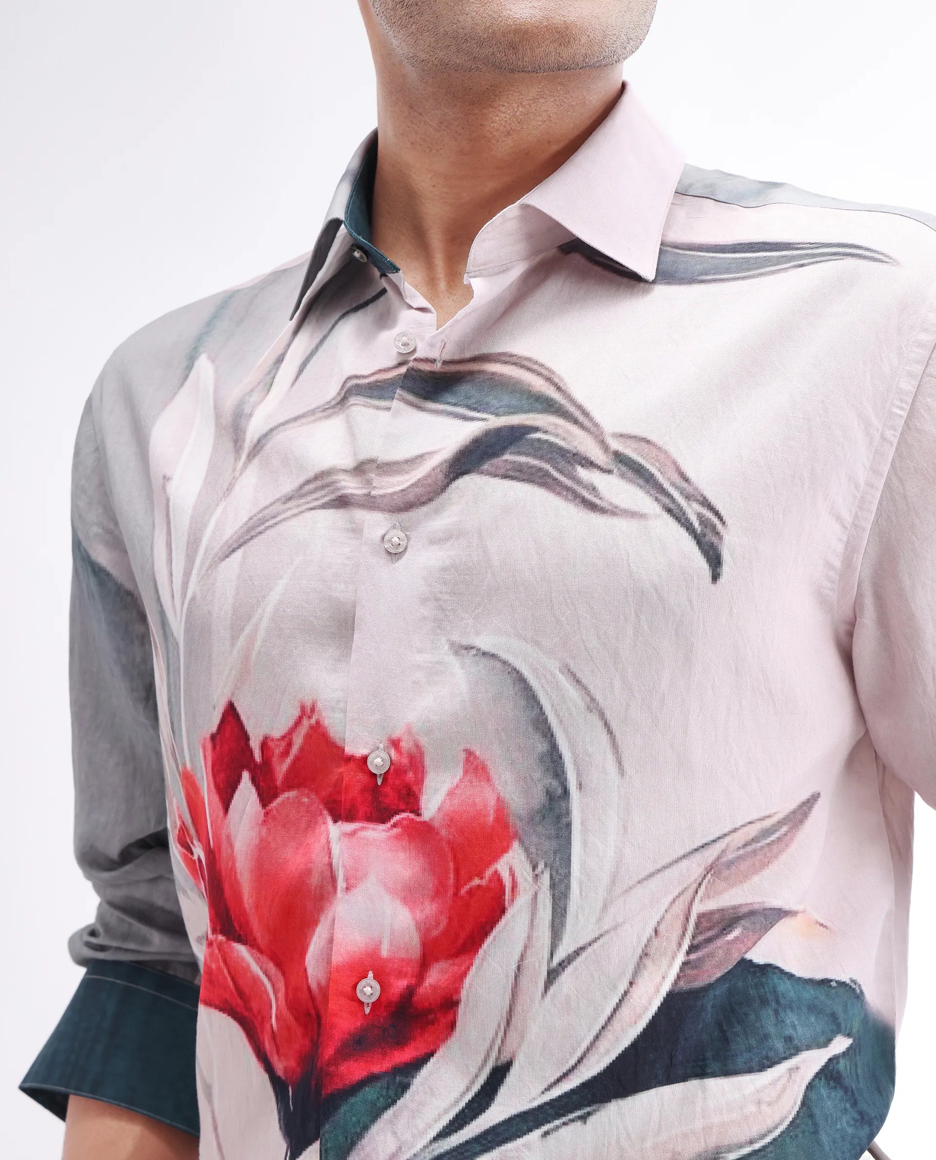 Rare Rabbit Men's Numa Teal Viscose Blend Floral Print Relaxed Fit Full Sleeve Collared Shirt