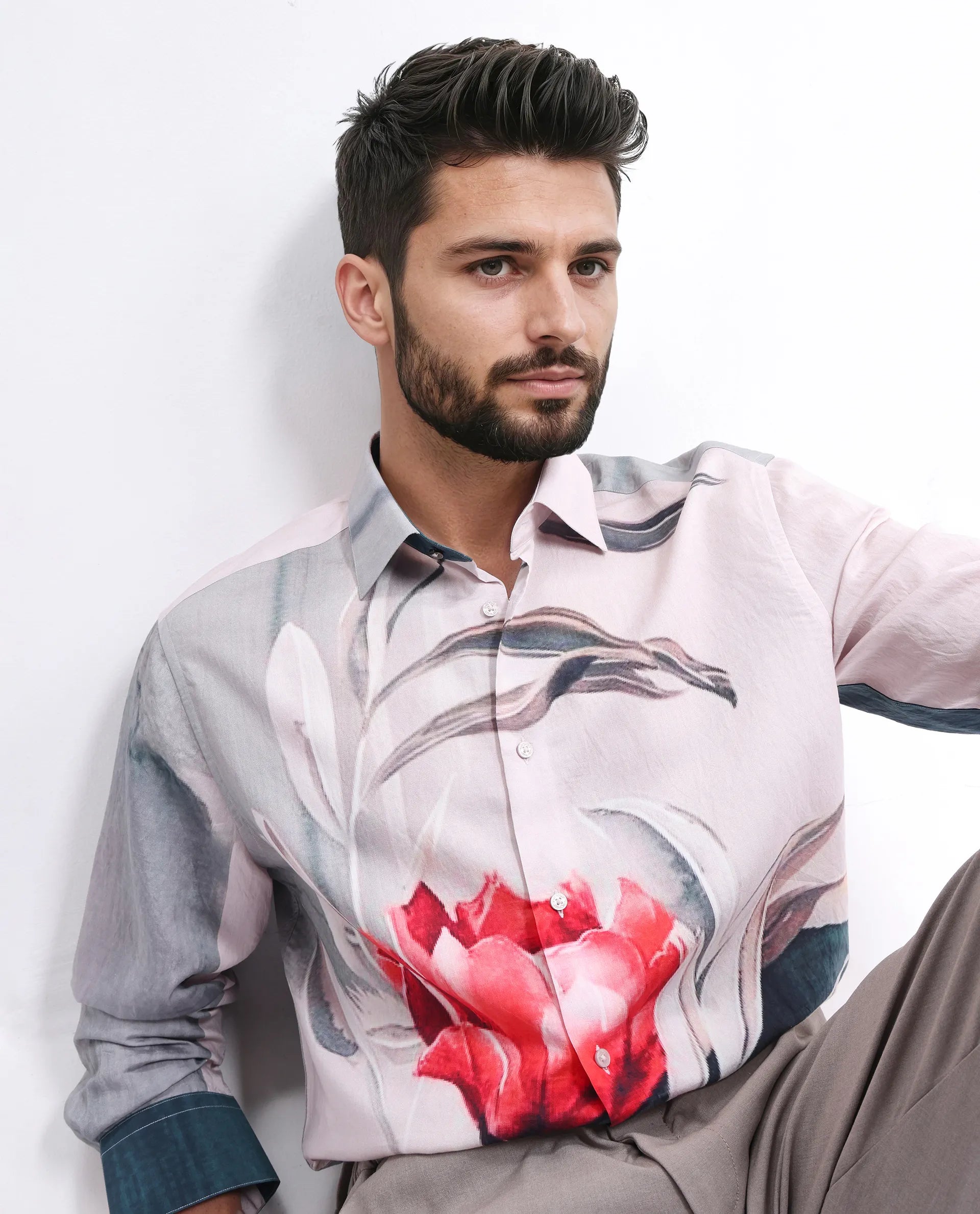 Rare Rabbit Men's Numa Teal Viscose Blend Floral Print Relaxed Fit Full Sleeve Collared Shirt