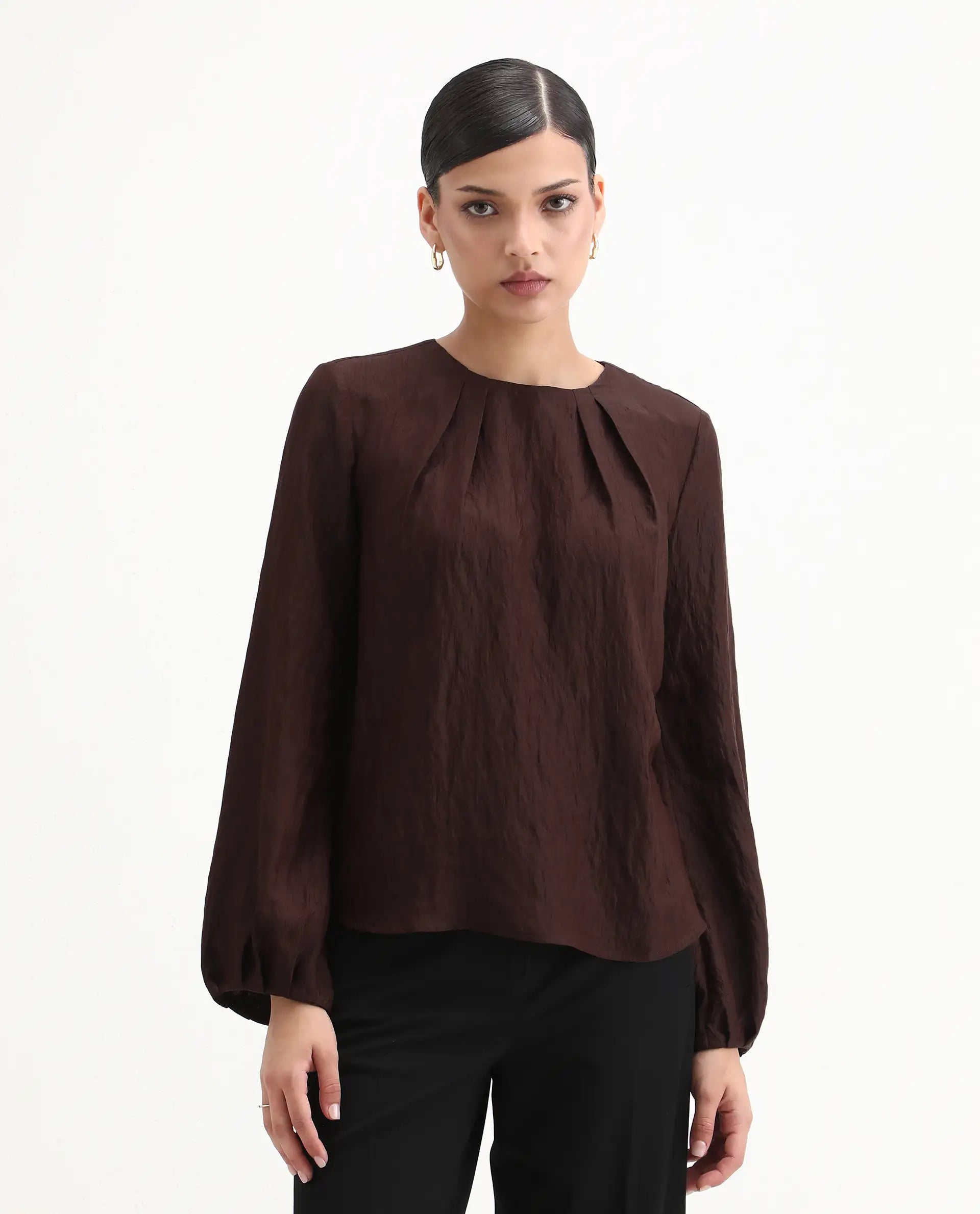 Rareism Women's Numi Dark Brown Viscose Blend Bishop Sleeve Round Neck Regular Fit Plain Top