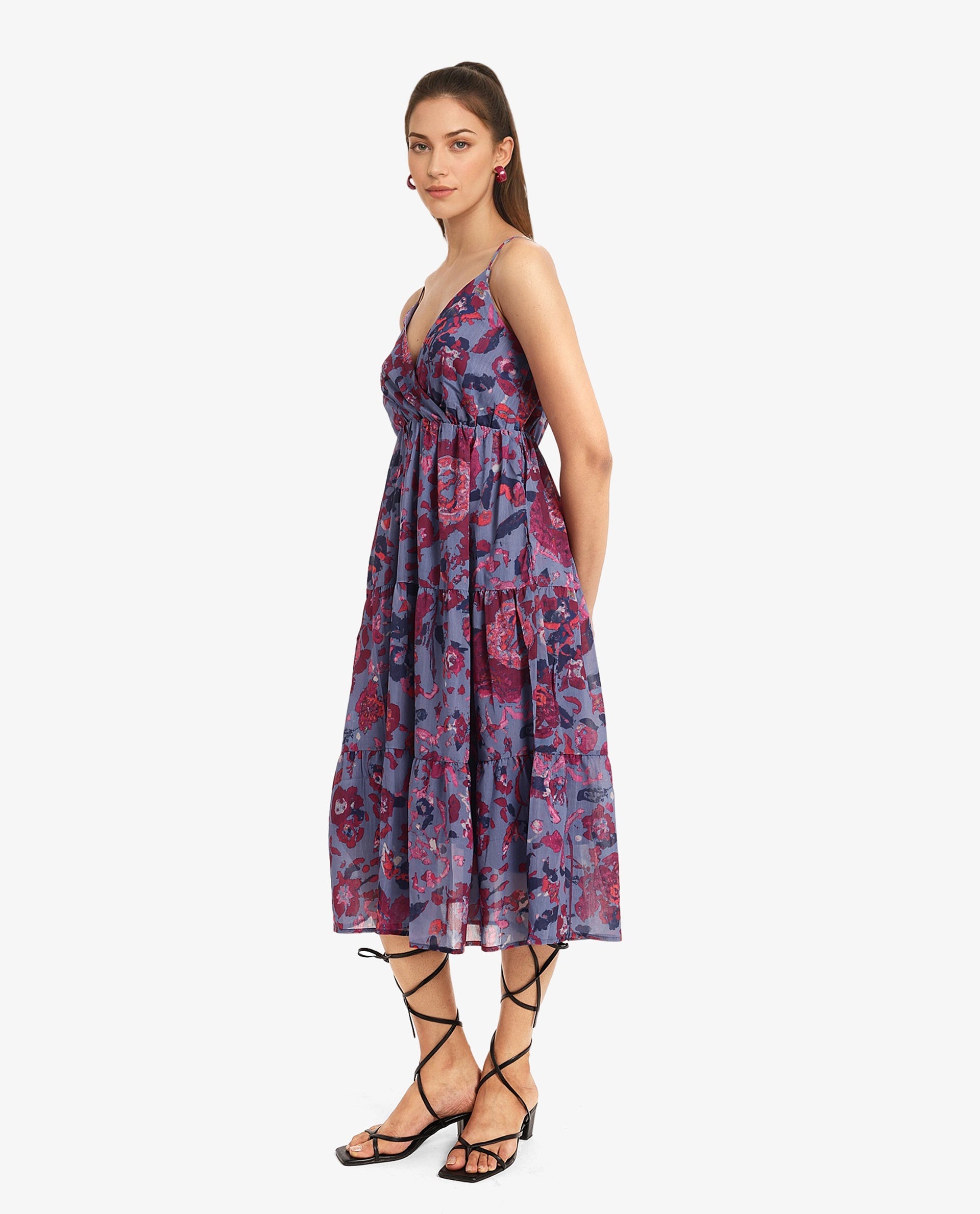 Rareism Women's Nuno Light Multi  Shoulder Straps Tie-Up Closure Sleeveless Floral Print Fit And Flare Midi Dress